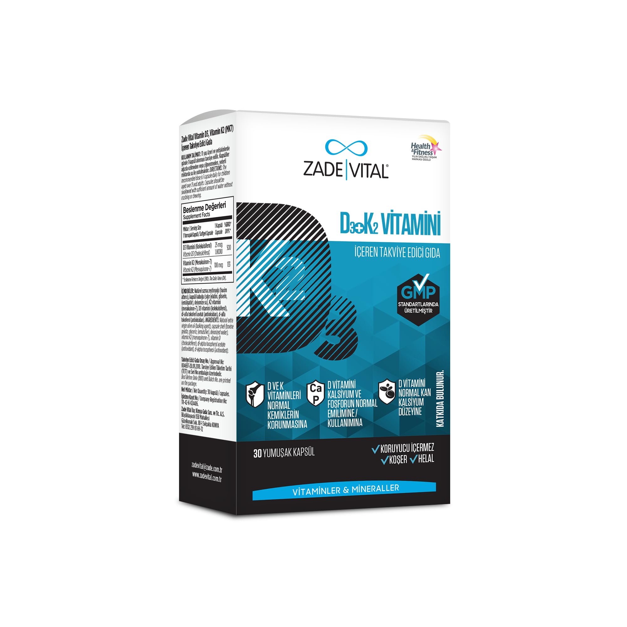 Zade Vital D3+K2 Vitamini İçeren Takviye Edici Gıda 30 Kapsül (1 x