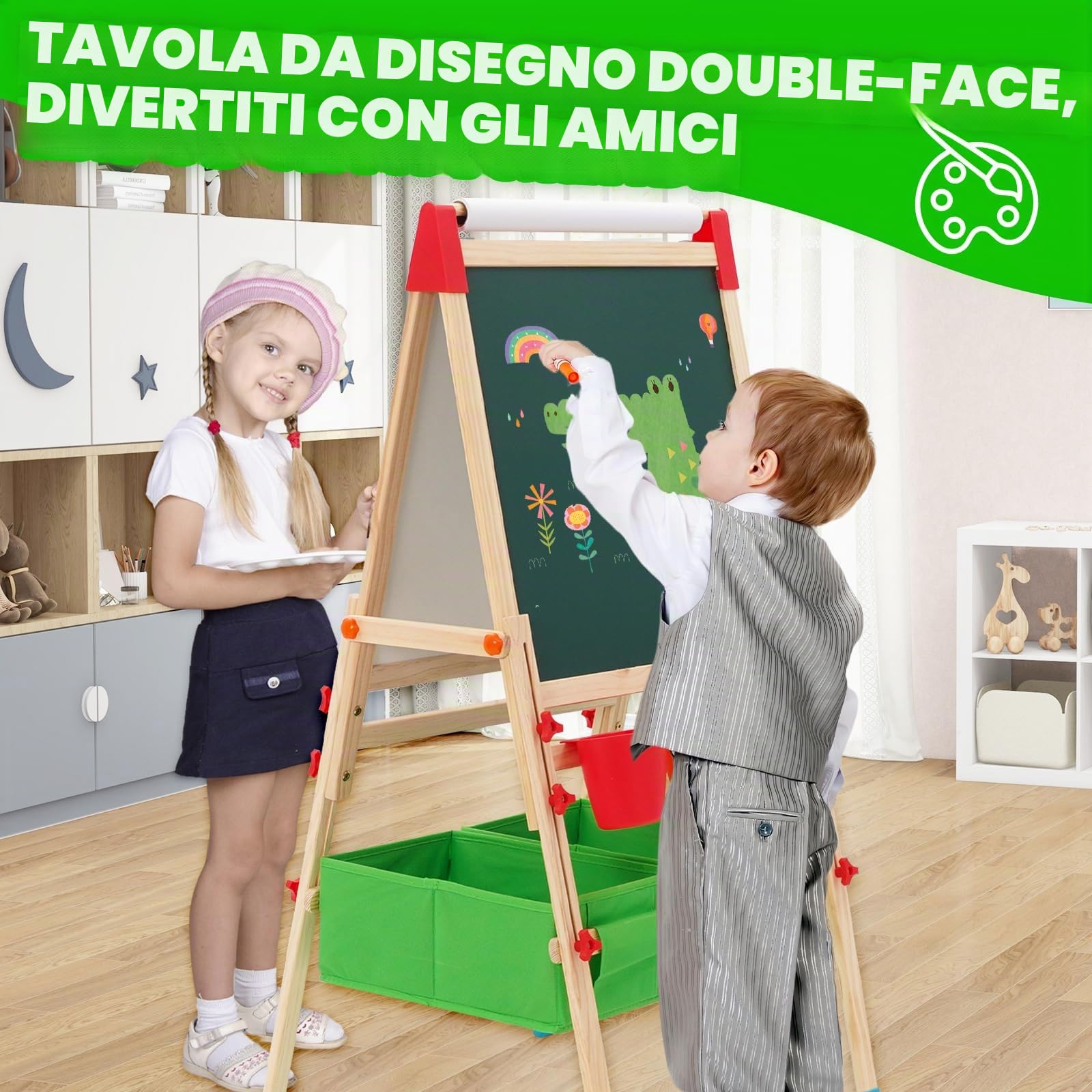 3in1 Cavalletto In Legno Per Bambini,Cavalletto Regolabile In Altezza Per Bambini,Grandi Per kids Con Lavagna E Rotolo Di Carta.Lavagna Cancellabile Con Pennelli,Borsa Portaoggetti,Numeri E Lettere