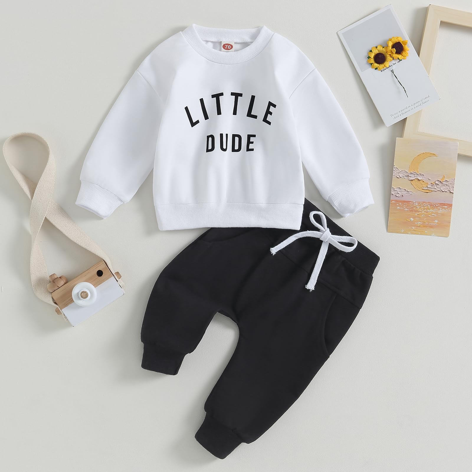 Fall Toddler Baby Boy Clothes Long Sleeve Letter Print Sweatshirt and Pants Sweatsuit Sets Cute Winter Outfits (Little Dude White, 0-6 Months)