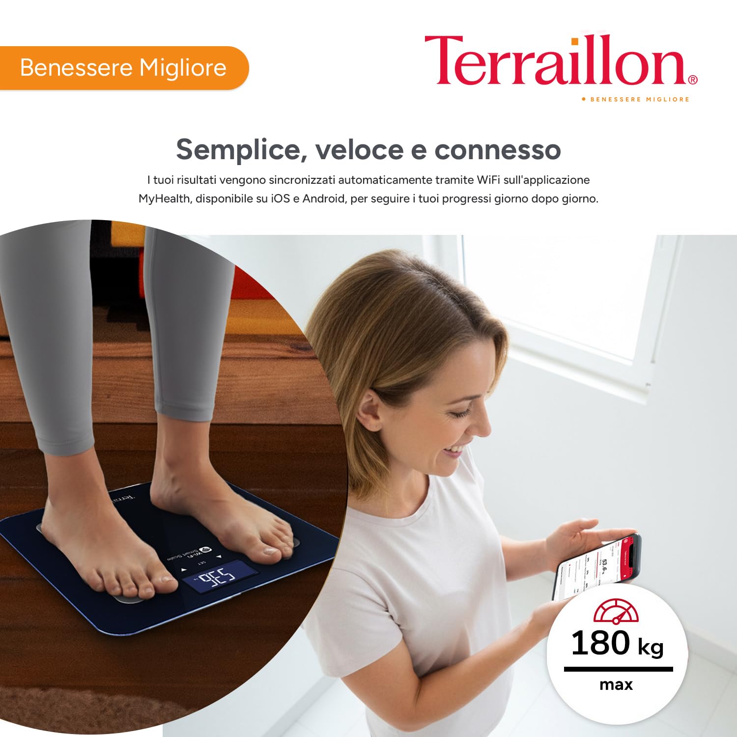 TERRAILLON - FIT COACH - Bilancia connessa WiFi, Impedenzometro, Analisi di massa grassa, muscolare, idrica, ossea e viscerale, IMC, schermo LCD, capacità 180 kg, vassoio in vetro, nero