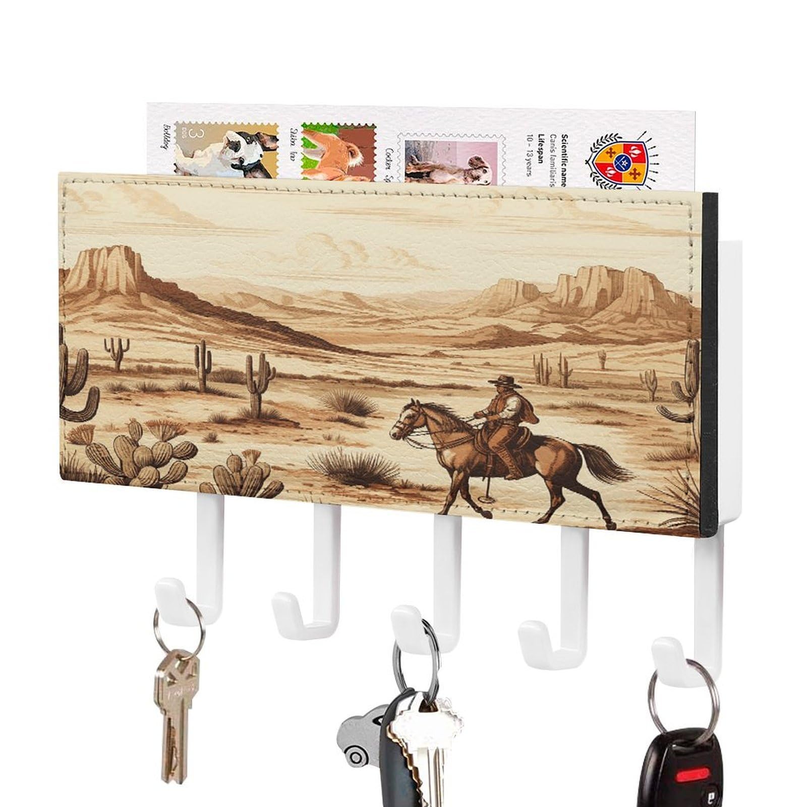 Vstadank White-Style West Desert Cactus With Cowboys Riding Horses Key Holder For Wall Decorative Mail Organizer Wall Mount With 5 Hooks Easy Installation Key Rack Pu Adhesive Keys Rack For Entryway Door Bathroom Kitchen