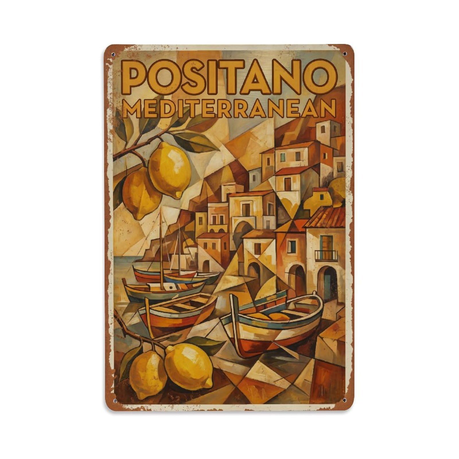 Vintage Travel Positano Italy Amber Metal Tin Sign