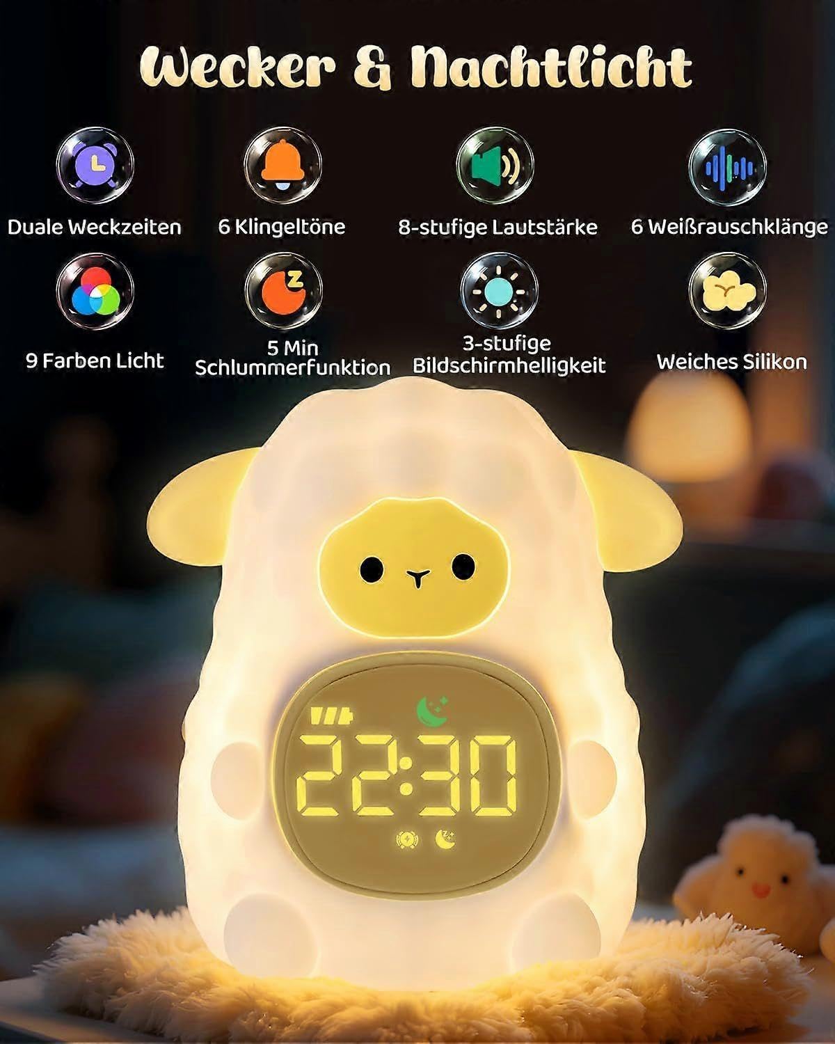 Wecker Schafe mit Nachtlicht für Kinder Wiederaufladbare Silikonlampe Niedliche Tier Schreibtischlampe Idealer Schlafbegleiter für Jungen und Mädchen