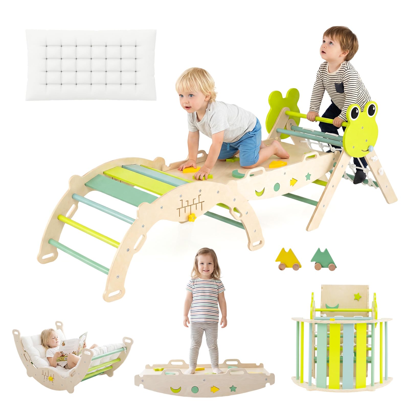 Olakids Pikler Triangle Set, 13 in 1 Frog Theme Foldable Wooden Montessori Toddler Climbing Toys Indoor with Cushion Ramp Arch Ladder Net (Green)