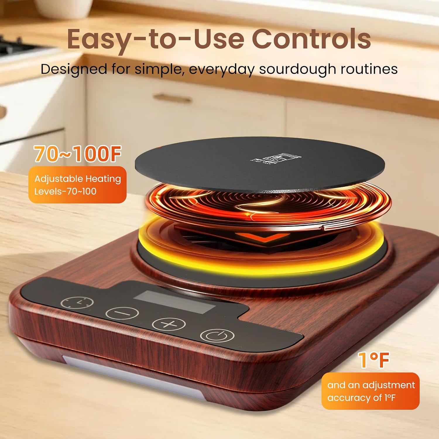 Sourdough Starter Warmer Mat, 1°F Thermostat Control 70–100°F, 12H Timer Heating Mat for Sourdough Starter and Dough Proofing, Fits Mason Jars Up to 40oz, Wood Grain