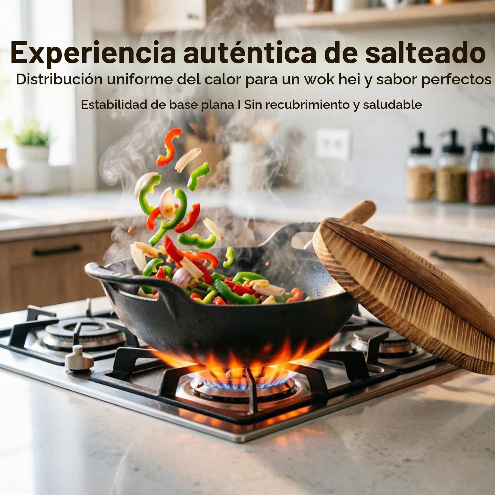 Sartén Wok con Tapa, Wok de Hierro Fundido con 2 asas, Tapa de Madera, sartén con Base Plana, sin Revestimiento, para saltear, Parrilla, Vapor, auténtica Comida China (20cm)