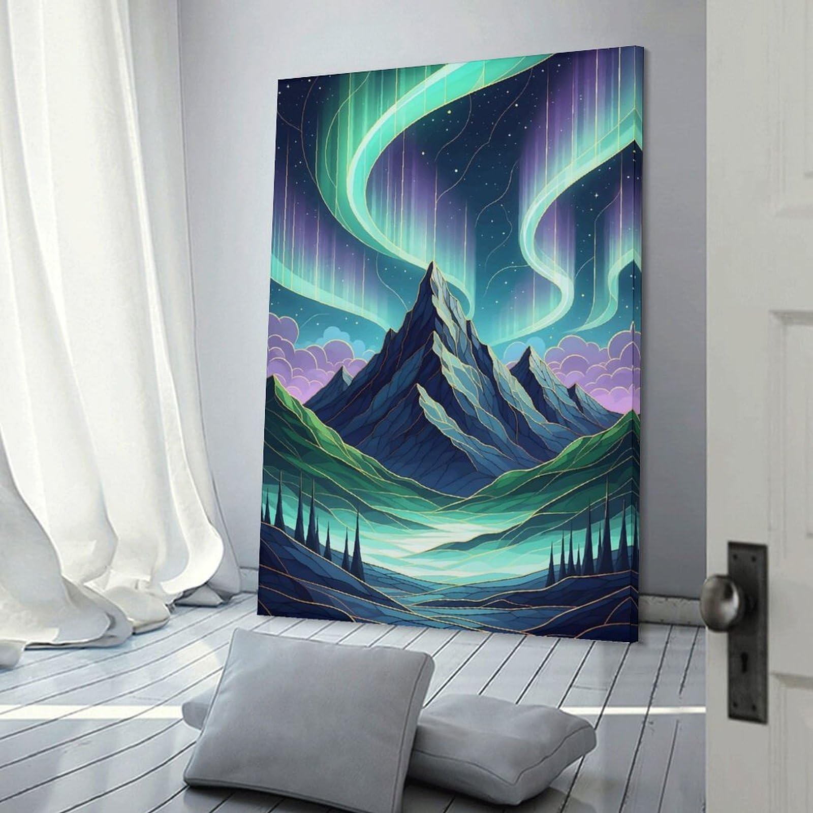 Junmoney Aurora Borealis over Mountain Landscape Decorative Wall Artwork, 08x12inch(20x30cm), for New Homes, Bedrooms Or Workspaces, Gift Idea for Housewarming And Birthdays