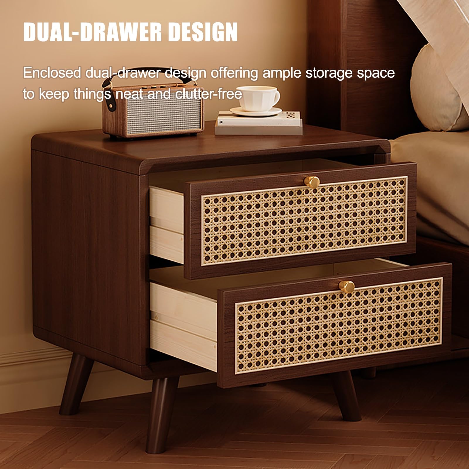 Comodino con 2 Cassetti in Rattan, Tavolino da Notte in Legno Massello, Design Minimalista per Camera da Letto, Mobiletto Moderno(Yellow,43cm/16.9in)