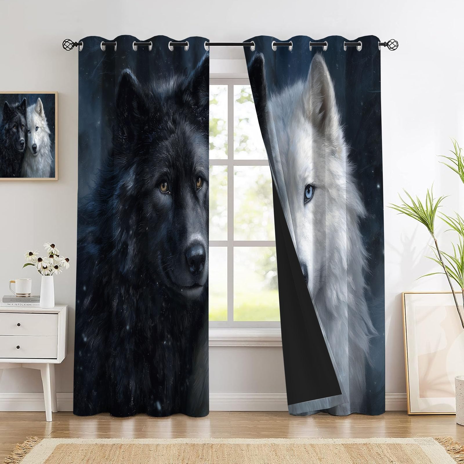 Cortinas Opacas De Lobo Negro Lobo Blanco, Realismo Animal Cortinas Opacas con Aislamiento Térmico para Oscurecer La Habitación, con Ojales, para Sala De Estar, 140 x 245 cm (2 Paneles)