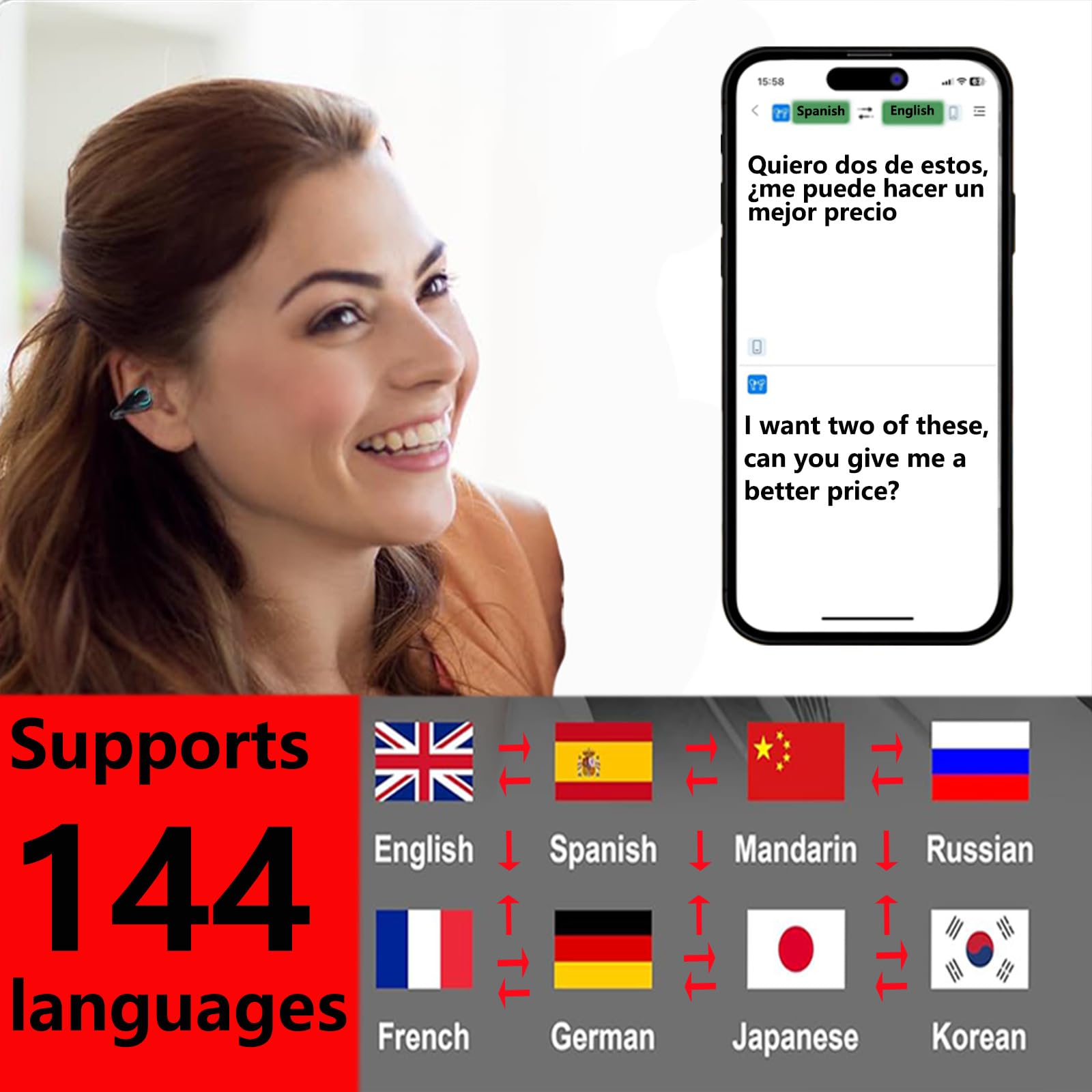 Haiseire AI Languages Translator Earbuds,Translation Earbuds Real Time,Open Ear Clip-on Translating Headphones,Audifonos Traductores Inglés español,Wireless Translation Earbuds,Black
