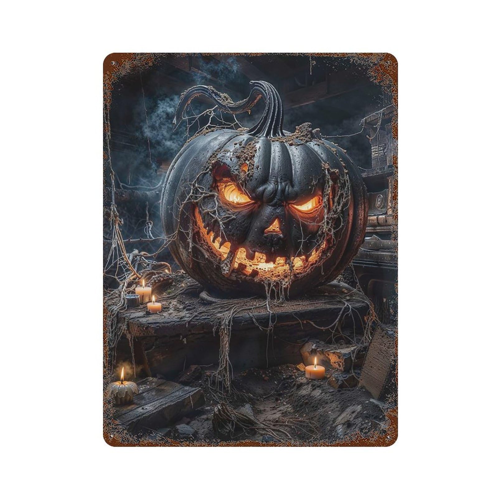 Rust Effect Spooky Halloween Pumpkin Rusty Metal Tin Sign 15.7"x11.8", Old School Wall Decor for Basement, Hobby Room And Garage Decor