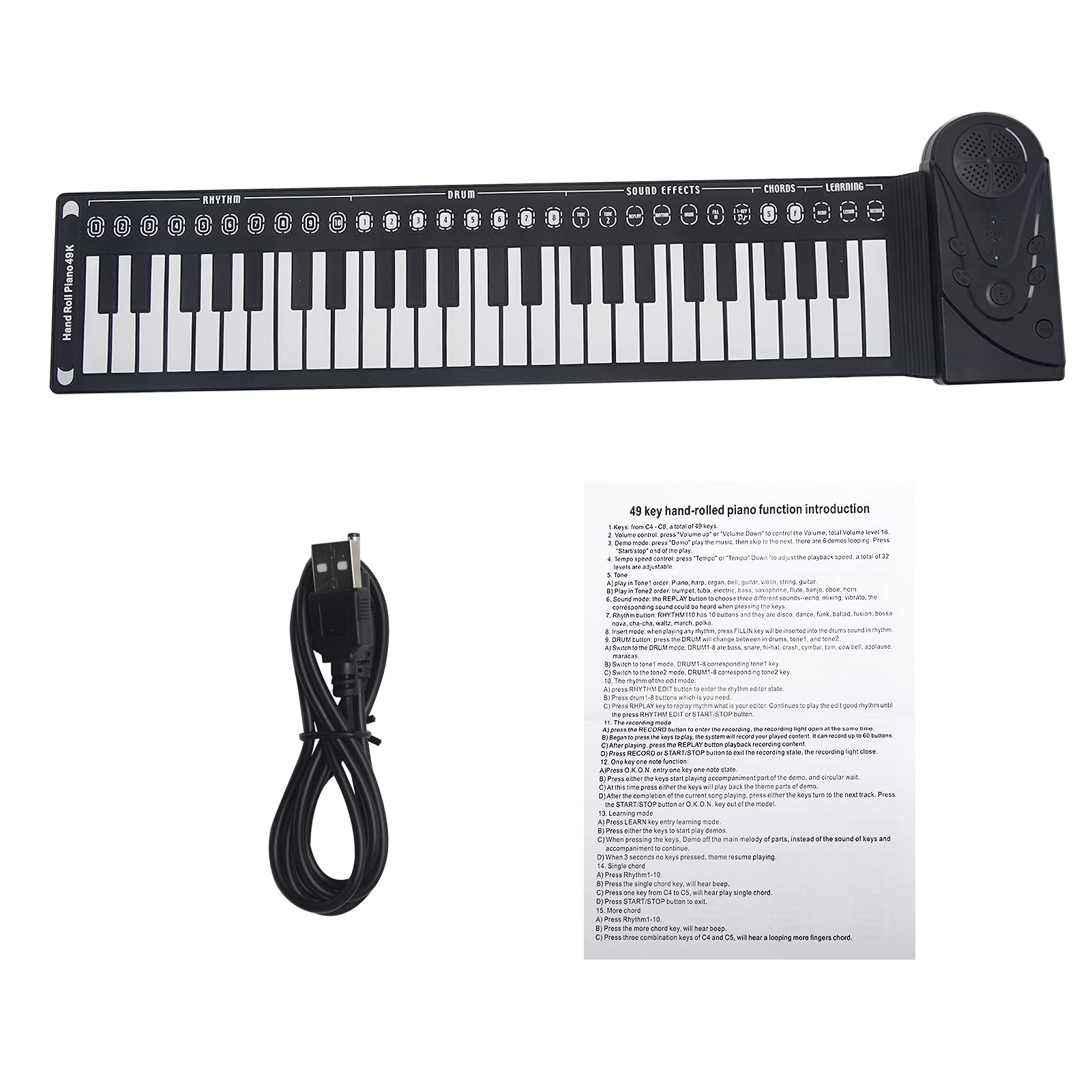 POHOVE Pianoforte portatile con 49 tasti, flessibile, arrotolabile, USB, elettronica, per principianti (nero)