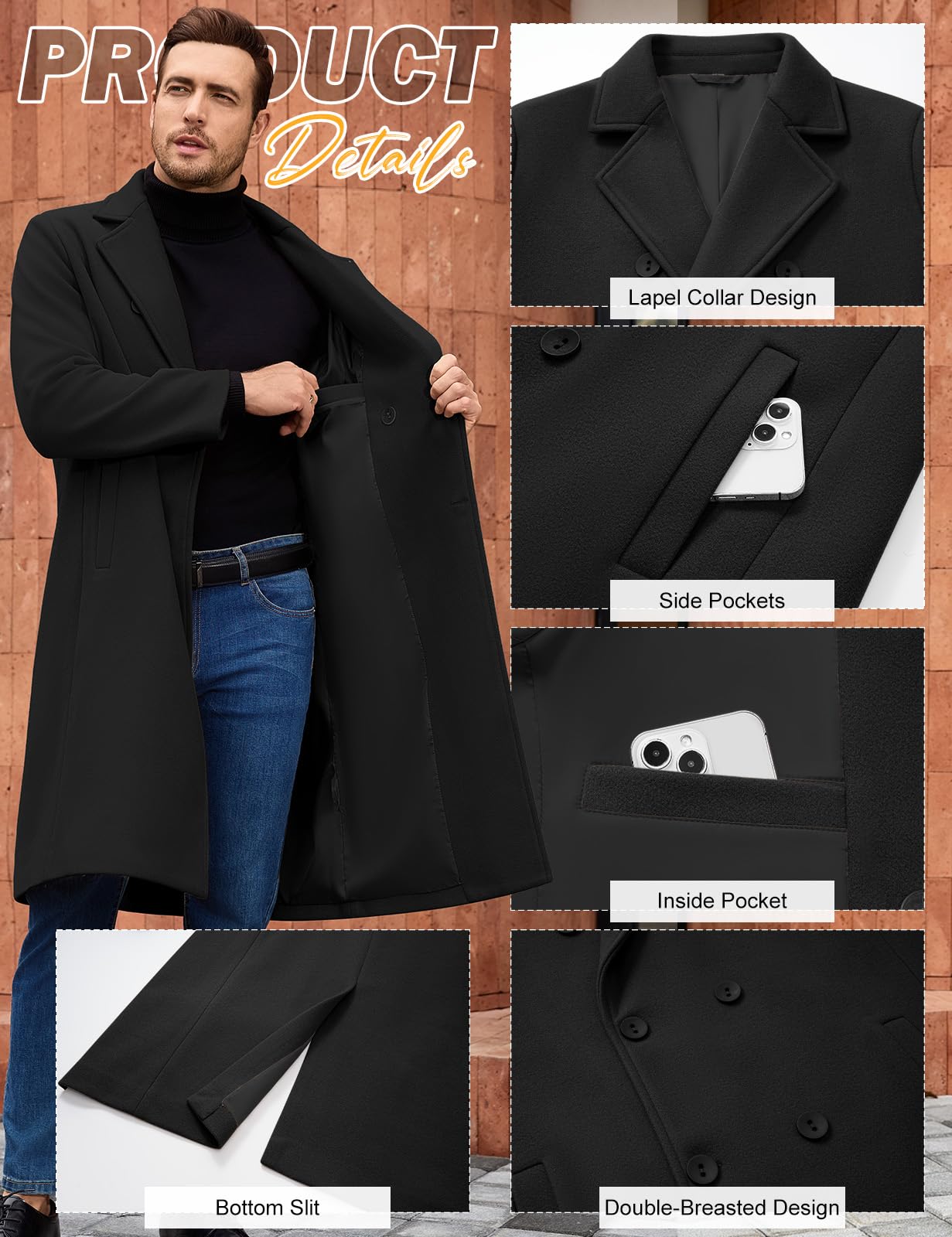heekpek Wintermantel Herren Mantel Long Trenchcoat Doppelreiher Kerbkragen Winterjacke Business Casual Winter Warme Oberbekleidung für Alltag Outdoor