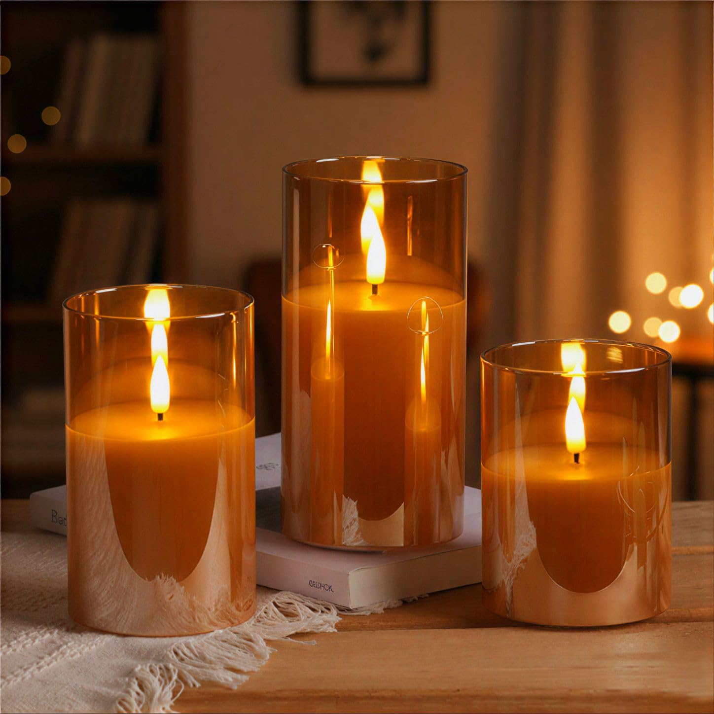 Set of 3 LED Pillar Candles with Acrylic Glass Holders, Realistic Flickering Flame, Battery Operated Decorative Candle for Home, Wedding, Diwali Décor (Acrylic Golden Glass Candle)