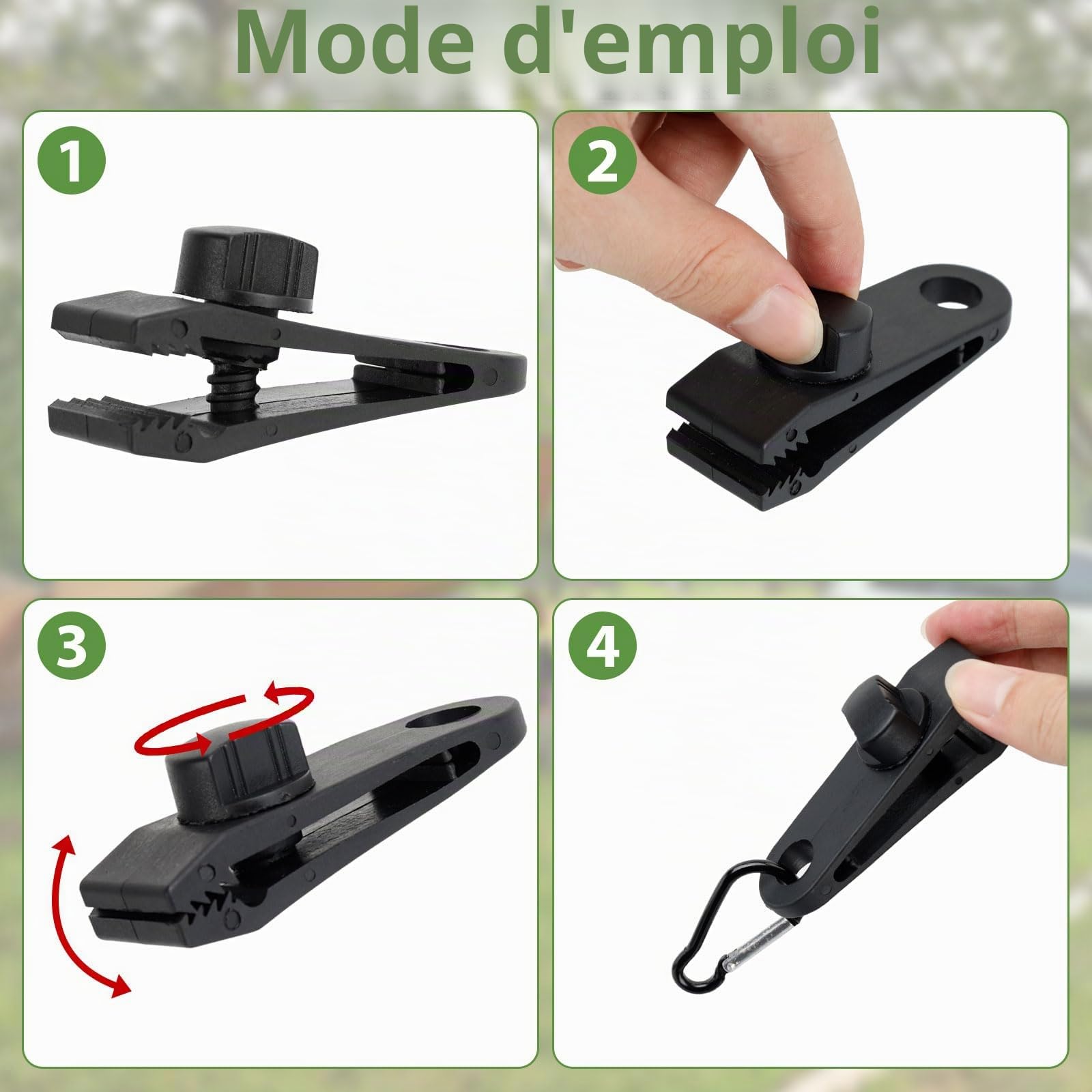 Dadabig Lot de 30 Clip de Bâche Tente, Clip de Bâche Multifonctions Pinces pour Tente, Pince pour Bâche avec 10 Cordon Élastique Noir, 10 Mousquetons, 4 Cordes de Tension Coupe-Vent
