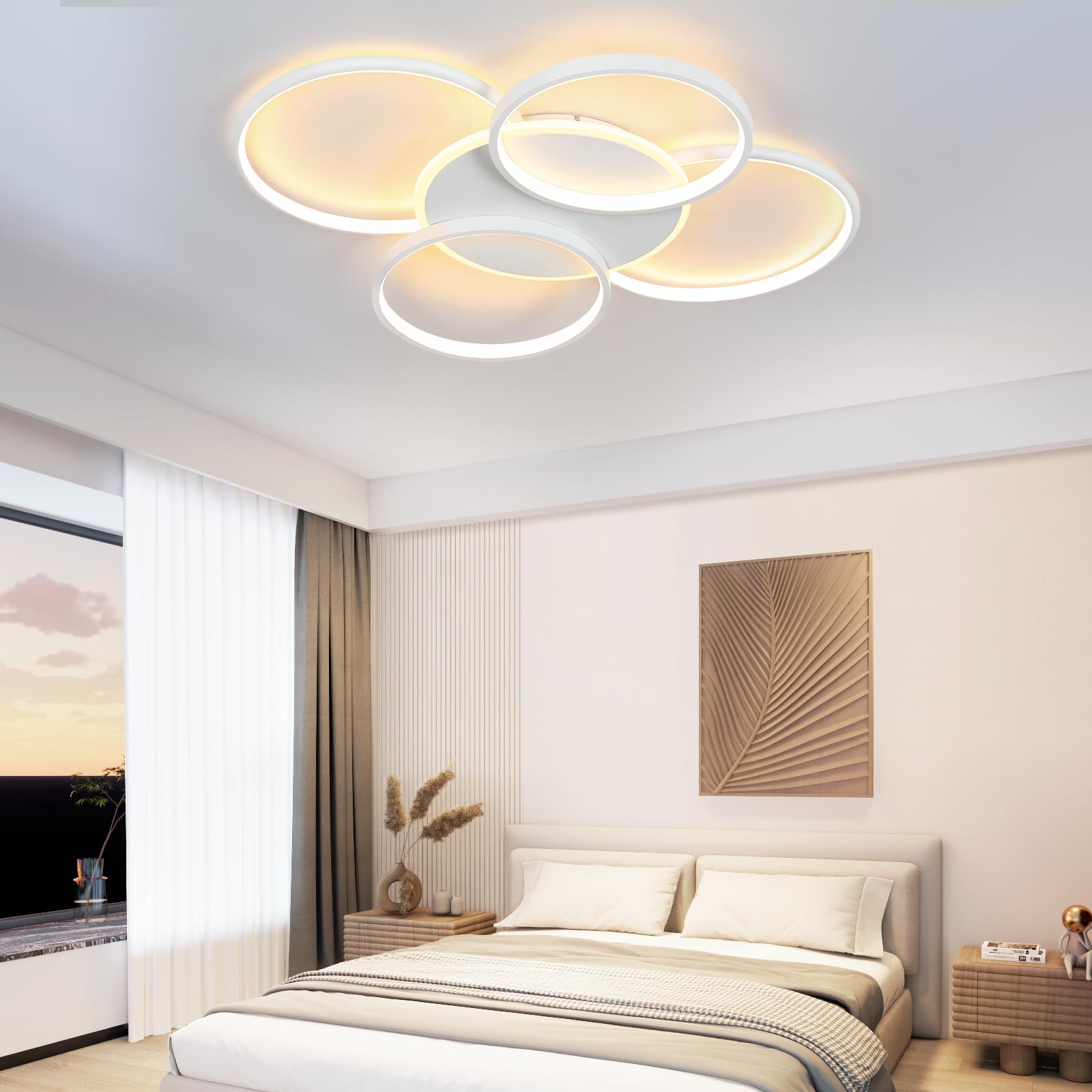 GBLY Deckenlampe LED Deckenleuchte Wohnzimmer: Wohnzimmerlampe Dimmbar 70W | mit Fernbedienung 5-Ringen Weiß Schlafzimmerlampe Modern Acryl Deckenbeleuchtung für Büro Schlafzimmer Esszimmer