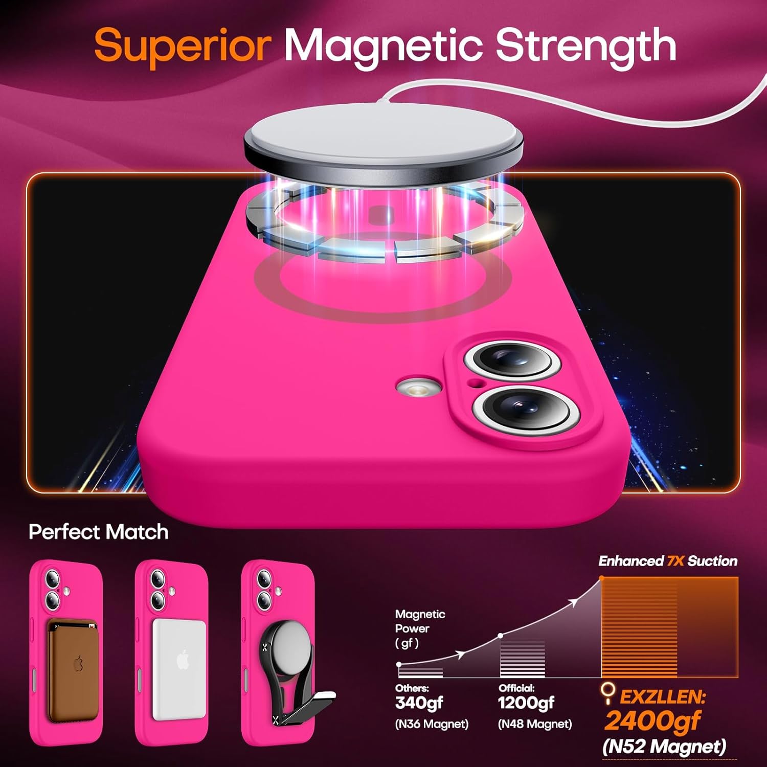Magnetic for iPhone 16 Case, Compatible with MagSafe, Full Camera Protection, Military-Grade Protection 3.0mm Thicken Silicone Phone Cover for 16 6.1", Hot Pink - Image 3