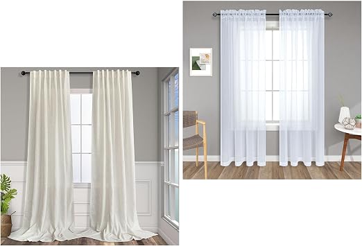 Pitalk 96 Inch Natural Linen Curtains and 96 Inch White Sheer Curtains Bundle for Living Room Bedroom Decor
