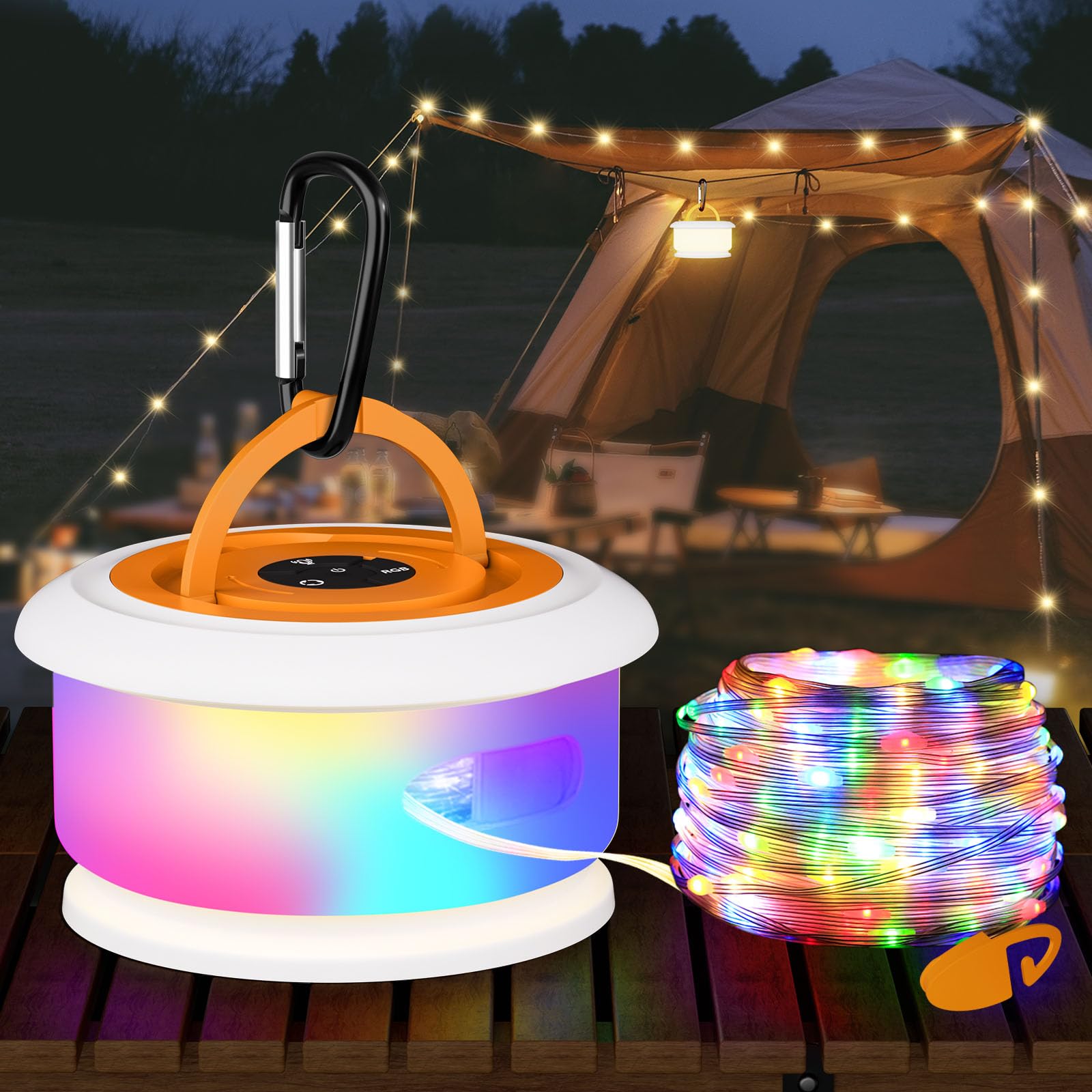 Guirlande lumineuse de camping, lampe flash RVB rétractable de 10 m, guirlande lumineuse LED rechargeable, étanche, lanterne portable à suspendre pour tente extérieure, patio, auvent, jardin