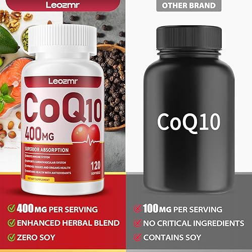 Miniatura 3 de CoQ10-400mg-Cápsulas blandas con PQQ, BioPerine y Omega-3, suplemento de coenzima Q10 (ubiquinona) para alta absorción, poderoso antioxidante,