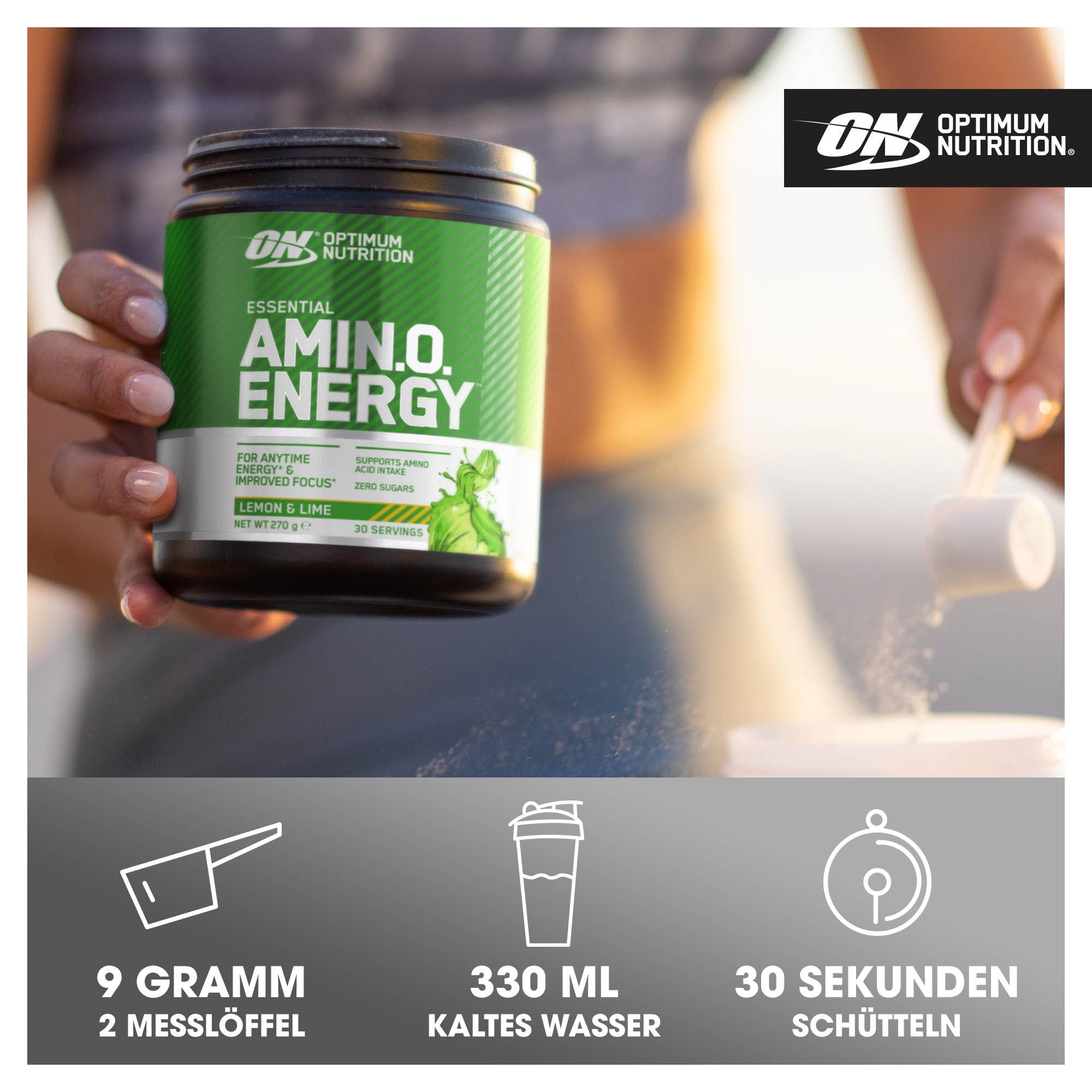 Optimum Nutrition Amino Energy Pre Workout Powder, Energy Drink mit Aminosäuren, BCAA, L-Glutamin und L-Leucin, Vitamin C und Koffein, Zitronen-Limetten-Geschmack, 30 Portionen, 270 g