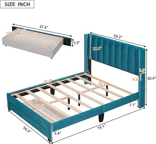Miniatura 56 de Cama de plataforma de tamaño Queen con cajones para dormitorio, marco de cama tapizado de terciopelo para niños, niñas, adolescentes y adultos, no