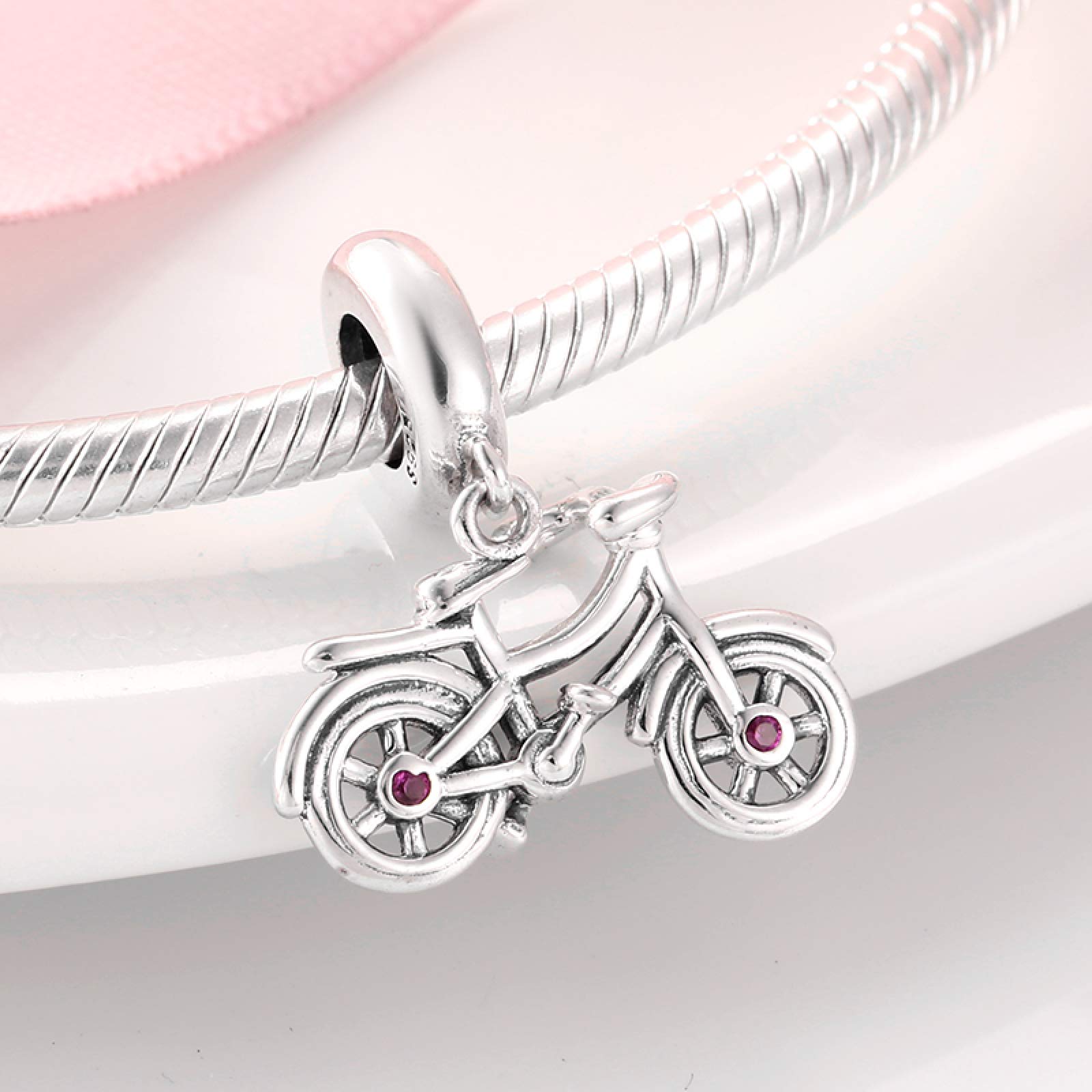 CGCSYZ 925 Sterling Silver Stylish Pendant Beads Bicycle Pink Beads Charms Jewelry Making Fit Charms Bracelets Bangles