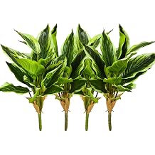 4Packs Variegated Hosta Artificial Plant 17.7" Faux Green Dieffenbachia Plant Greenery Aesthetic House Plants Outdoor Shrubs Indoor Office Yard UV Resistant Planter Filler 4