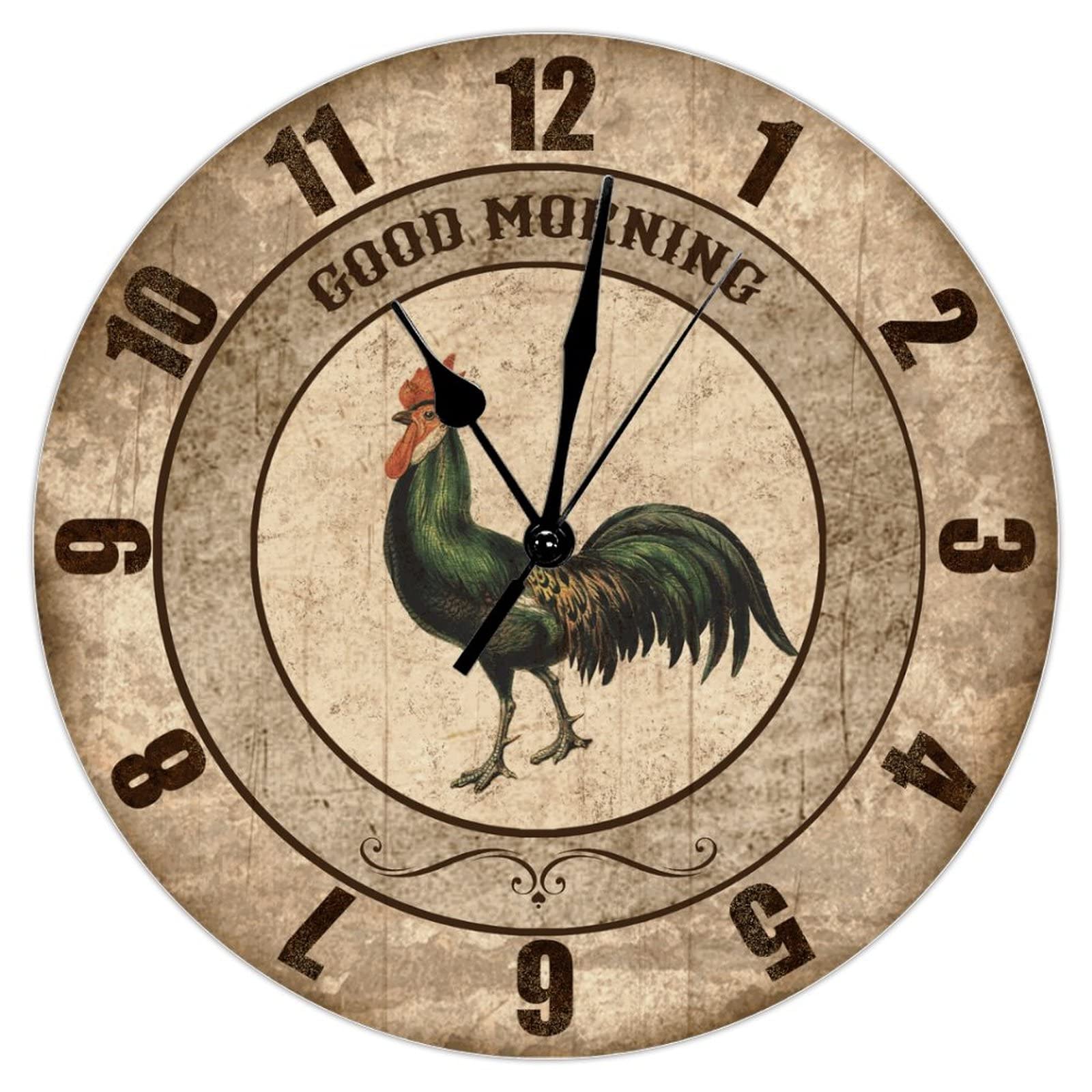 Horloge murale coq « Good Morning » rétro à piles pour salon et cuisine