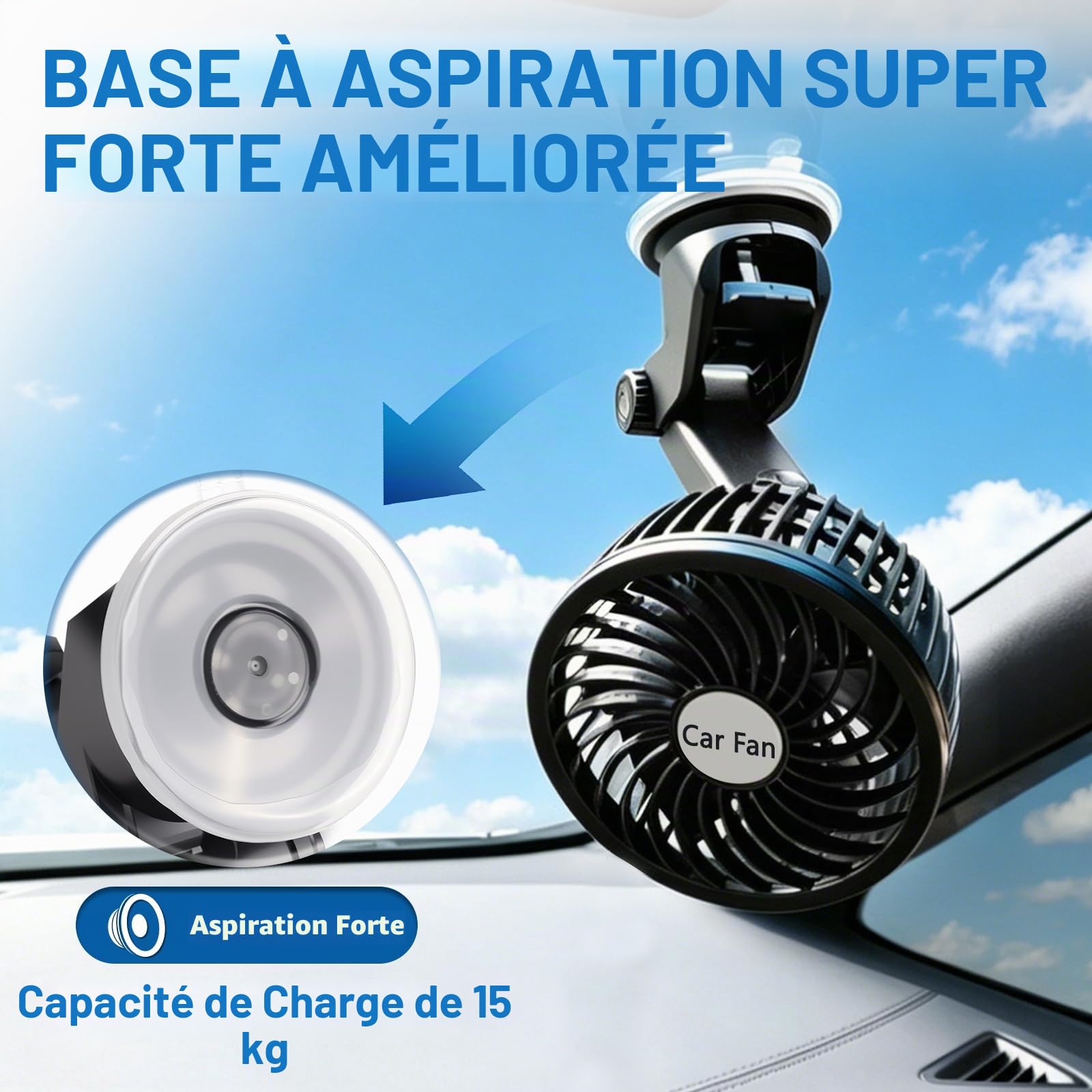 D-Lumina Ventilateur de voiture rotatif à 360°, montage sur allume-cigare, portable, silencieux, avec 2 vitesses réglables pour camions, bateaux, voitures, véhicules (ventouse), climatiseur d'air pour