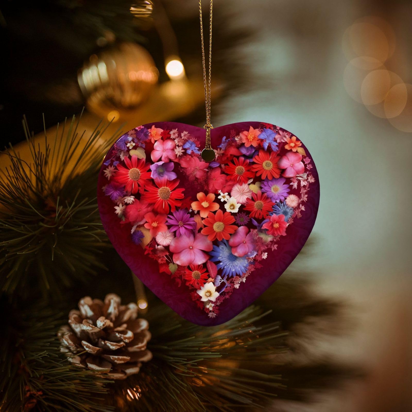 Christmas Tree Ornaments Ceramics Christmas Decorations Floral Decoration Heart Ornaments with Gold Ribbon Porcelain Xmas Tree Crafts Heart Shape Hanging Pendant for Christmas Tree Party Decor