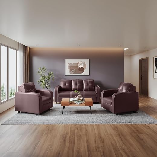 Interio by Godrej Sofa Tycoon 5 Seater Synthetic Leather Sofa Set (3+1+1) for Living Room, 1-Year Warranty, Solid Wood, Bu...