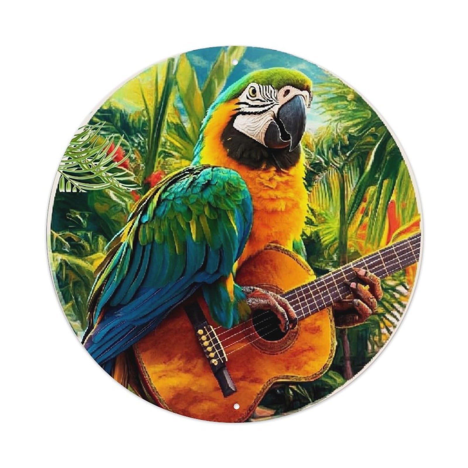 Parrot Playing Guitar Tropical Background Retro Metal Sign Round Tin Sign, Vintage Decor Art Poster for Bar, Home, Man Cave, Kitchen, Laundry Room Gift 8x8Inch