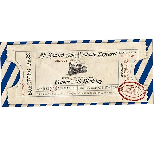 Vintage Train Boarding Pass Ticket Birthday Invitations customized with envelopes,