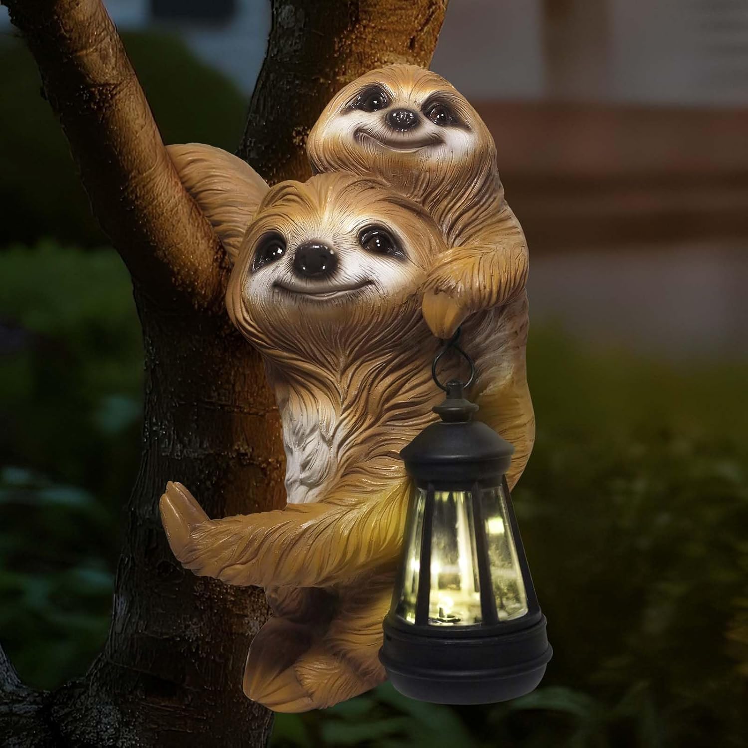 Solar Garden Decor: 9.8-inch Parent-Baby Sloth Resin Garden Statue w/Solar Lantern – Fence/Lawn Ornament, Yard Decorations Outdoor, Unique Birthday Housewarming Gifts for Mom, Women