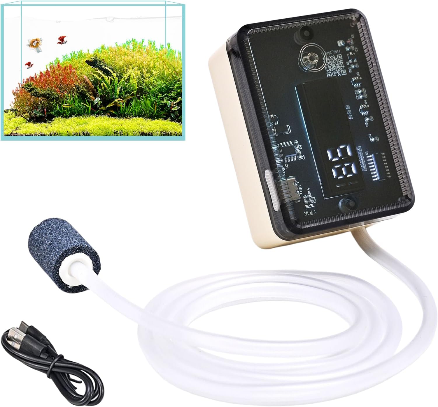Aquarium Air Pump - 12W Transparent Portable Rechargeable, Powerful Fish Tank Oxygenator | Home Outdoor Travel Boat Camping Pond Salt Freshwater Maintenance Aerator Pump Aquarium Accessories