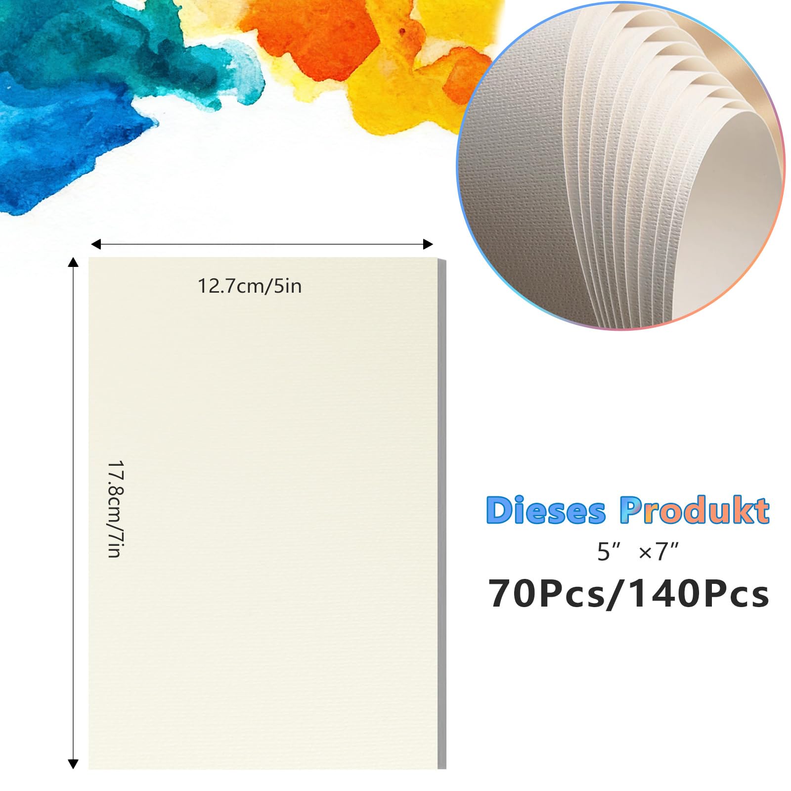 70 Arkuszy Papieru Akwarelowego 300 g/m², Biały Blok Akwarelowy Karty Akwarelowe, 17,8x12,7cm Papier Akwarelowy Tłoczony na Zimno do Akwarelowych Kartek Pocztowych, Farby Wodne i Szkicowania