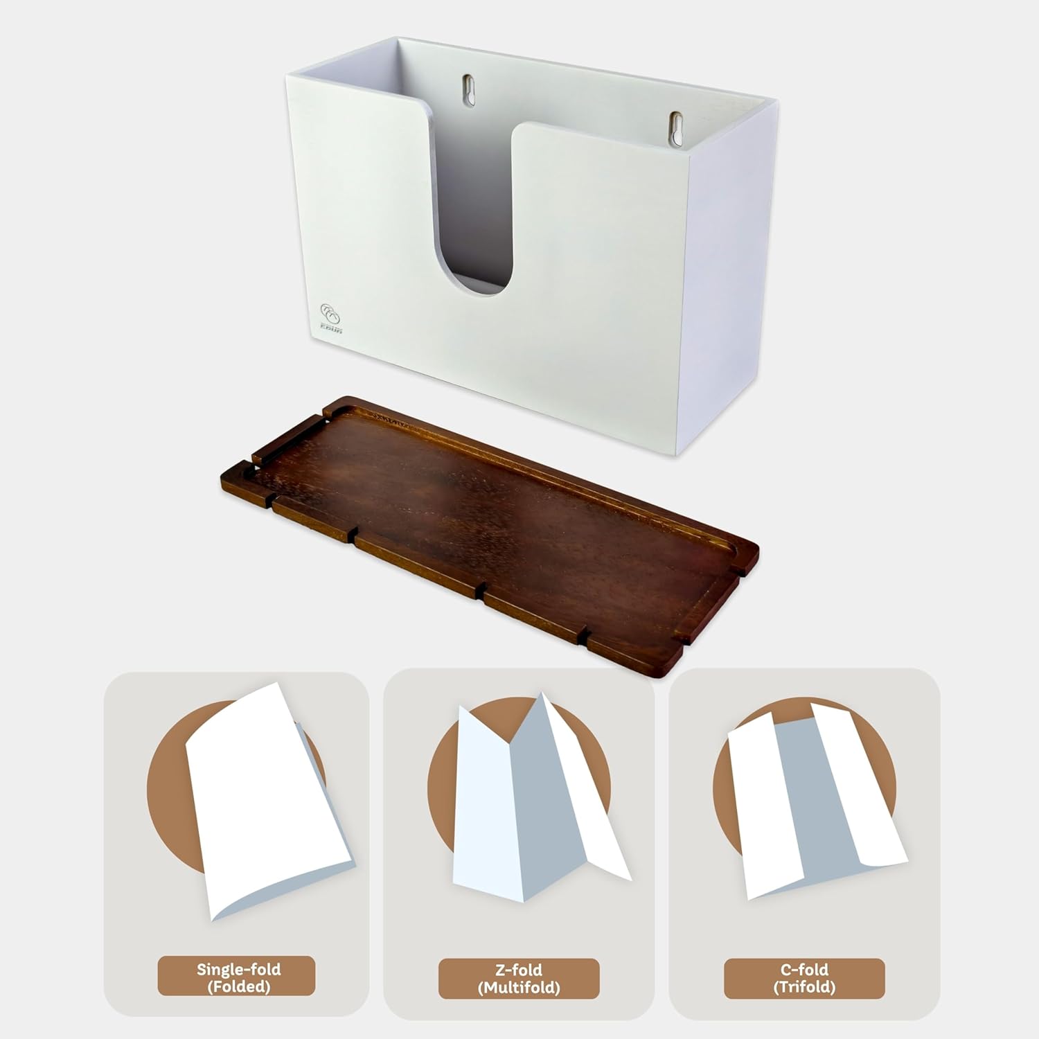eBun Bamboo Trifold Paper Towel Dispenser – Wall Mounted or Countertop Tri Fold Paper Napkin Holder for Home, Office, Kitchen, Bathroom – Fits Multifold, Cfold, Zfold Hand Towels, White