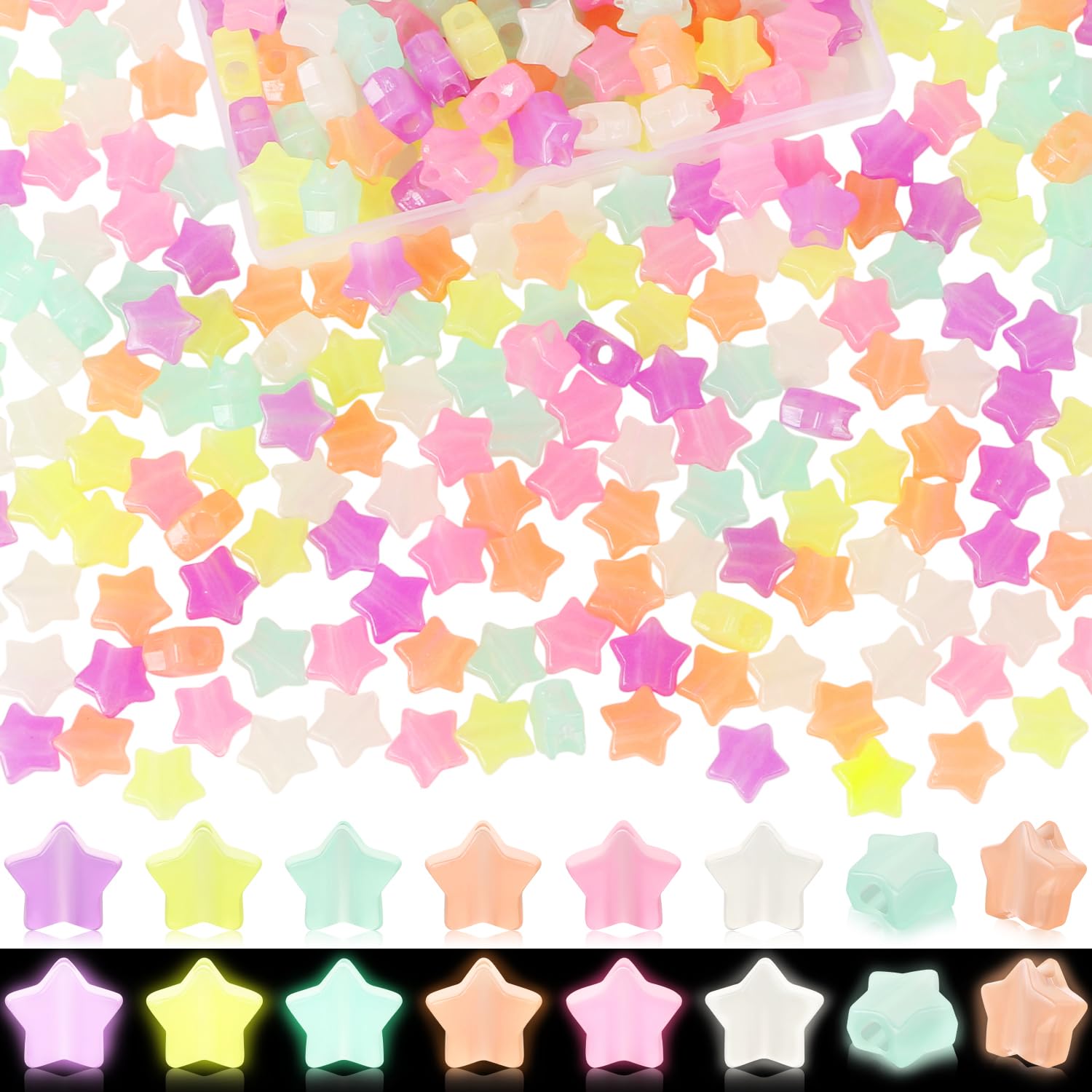 200 Pcs Glow in Dark Star Beads for Jewelry Making, Luminous Pony Beads Bulk With Box, 13mm Charms for DIY Crafts Bracelet