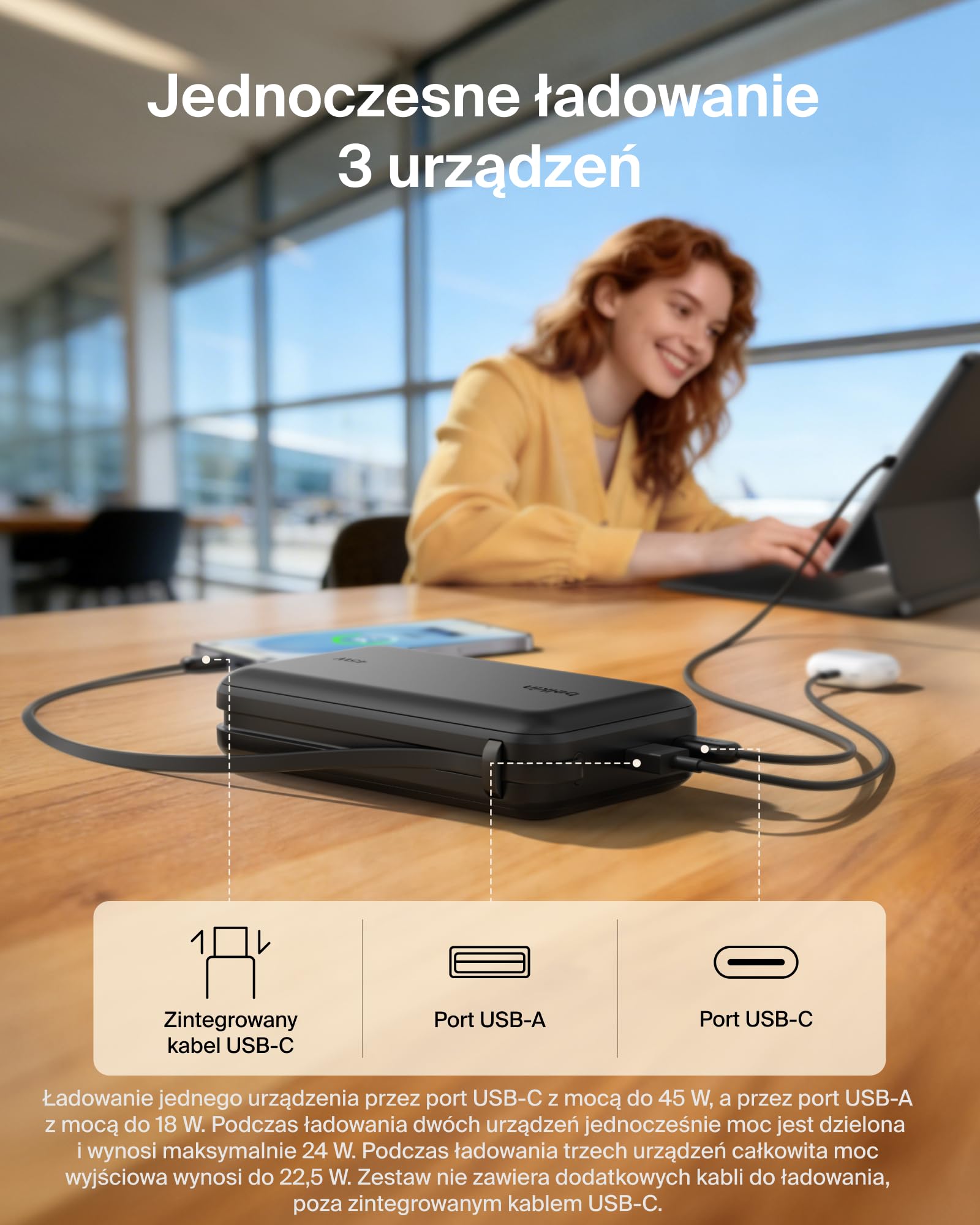 Belkin UltraCharge Powerbank 20 000 mAh, Kabel USB-C, Wyświetlacz – Czarny | Powerbank 20 000 mAh, Ładowanie 3 Urządzeń (1 Port USB-C, 1 Port USB-A, Kabel USB-C), 45 W, Wstępnie Naładowany, Wyświetlacz