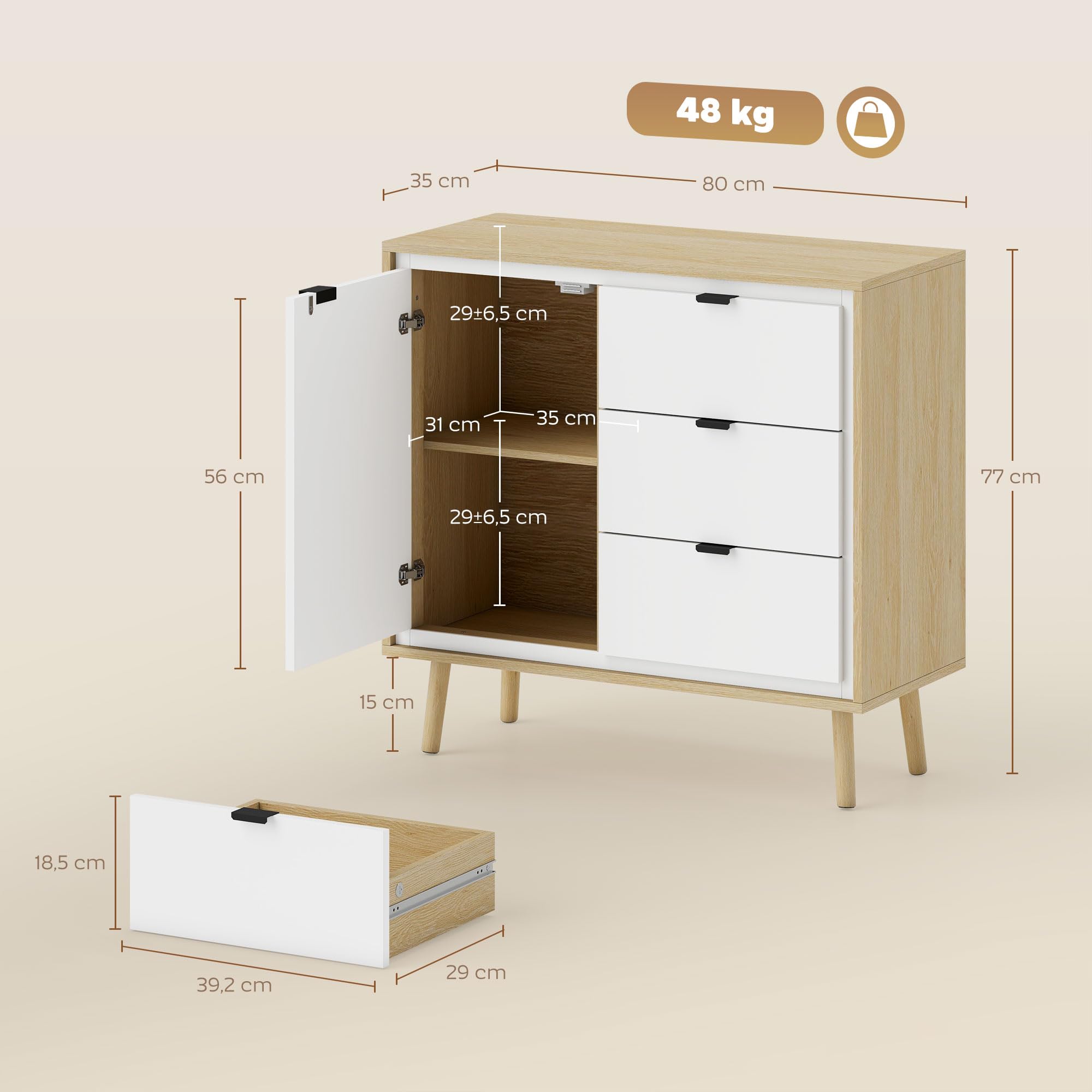 HOMCOM Buffet Salon Meuble de Rangement Armoire de Cuisine avec Placard à 2 Portes 3 tiroirs et étagère réglable, Style Moderne Buffet Salle à Manger et Salon, 80 x 35 x 77 cm, Blanc