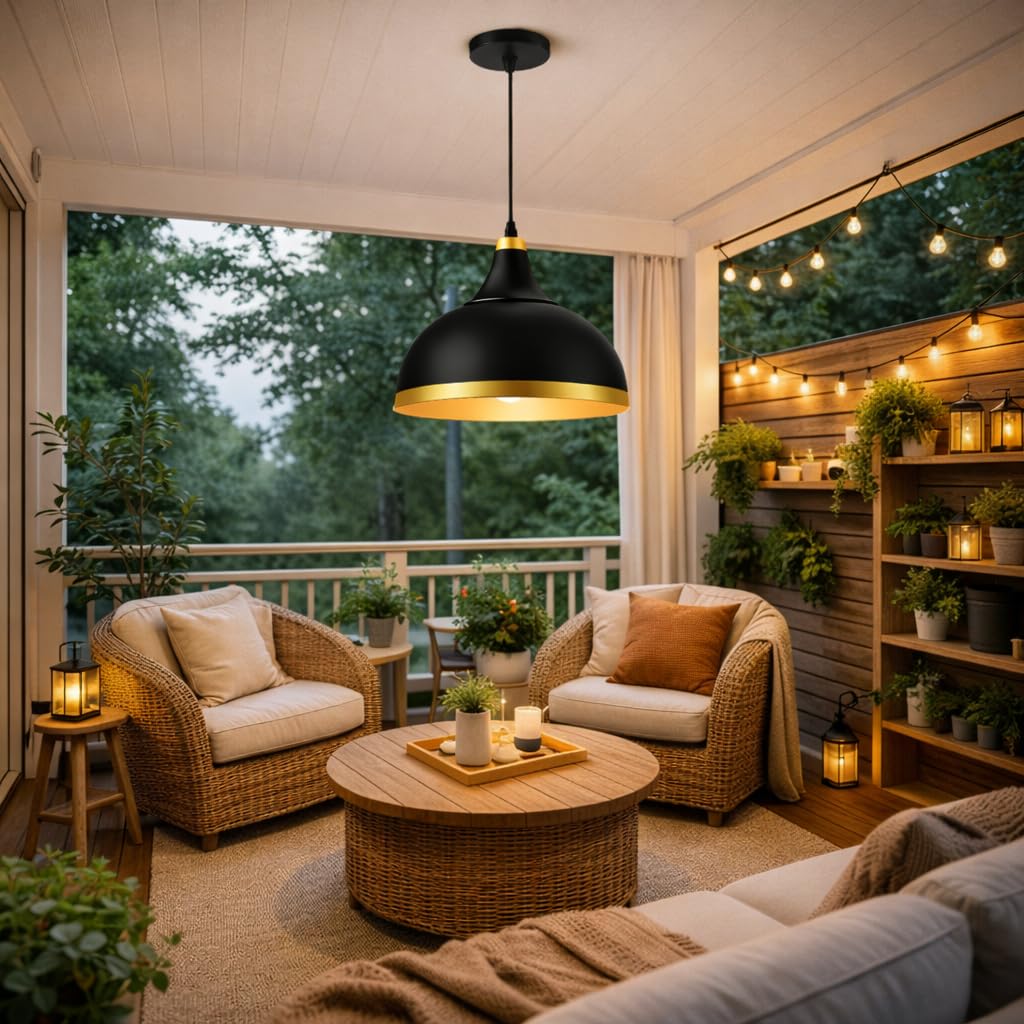 Modern Black Dome Pendant Light with Golden Interior 