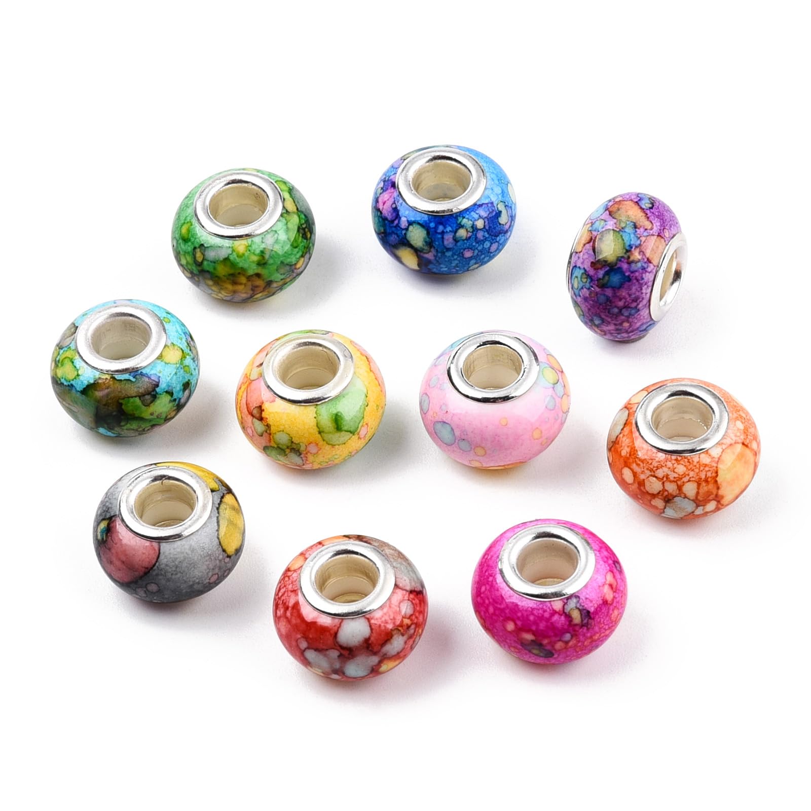 100 Stück Wasserfarben-Harz-Perlen mit großem Loch, europäische Perlen, silberner Messingkern, Rondelle-Charms für Armbänder, Halsketten, DIY-Stifte, Makramee-Haarzöpfe