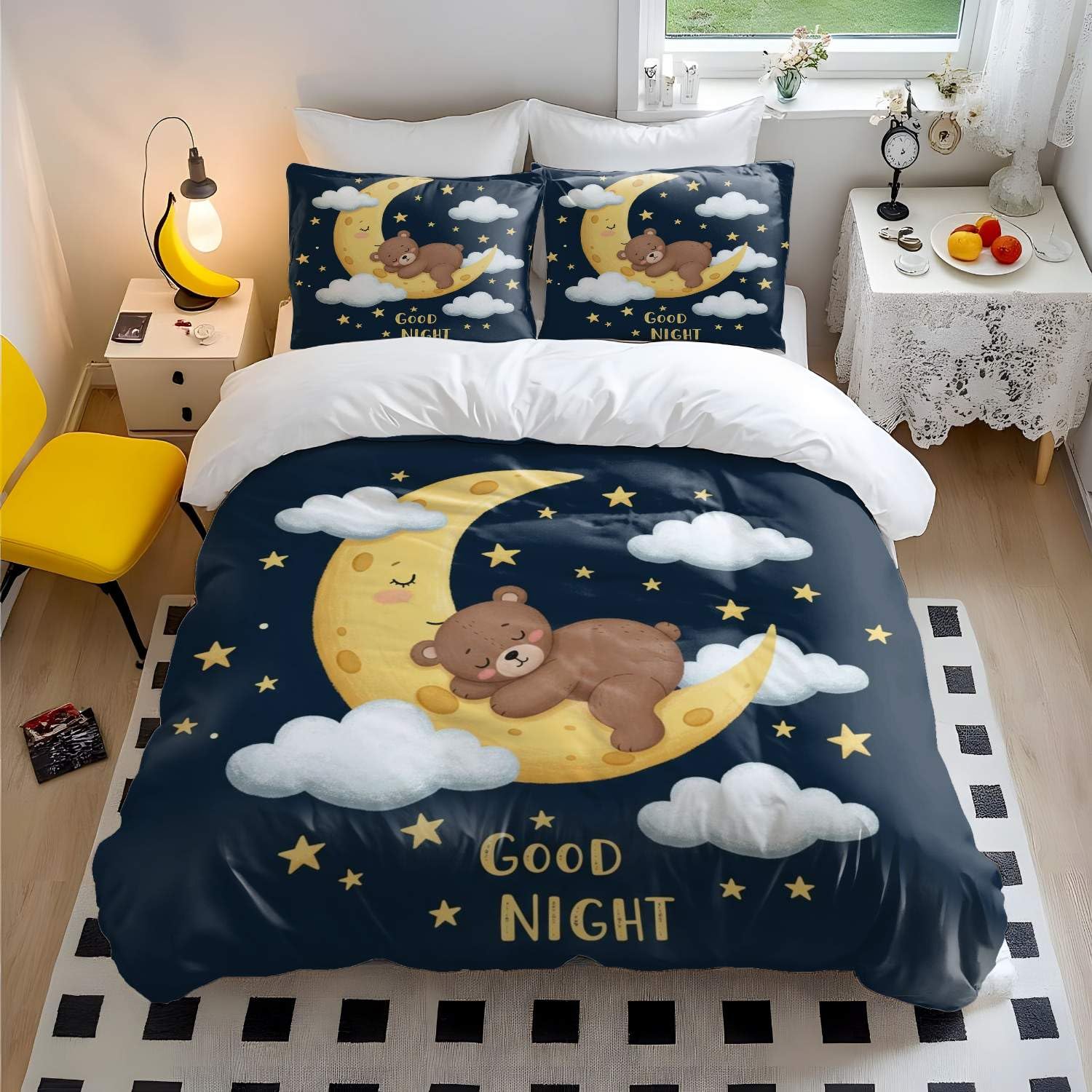 Housse de couette ours bleu nuit lit double enfant avec deux taies d'oreiller