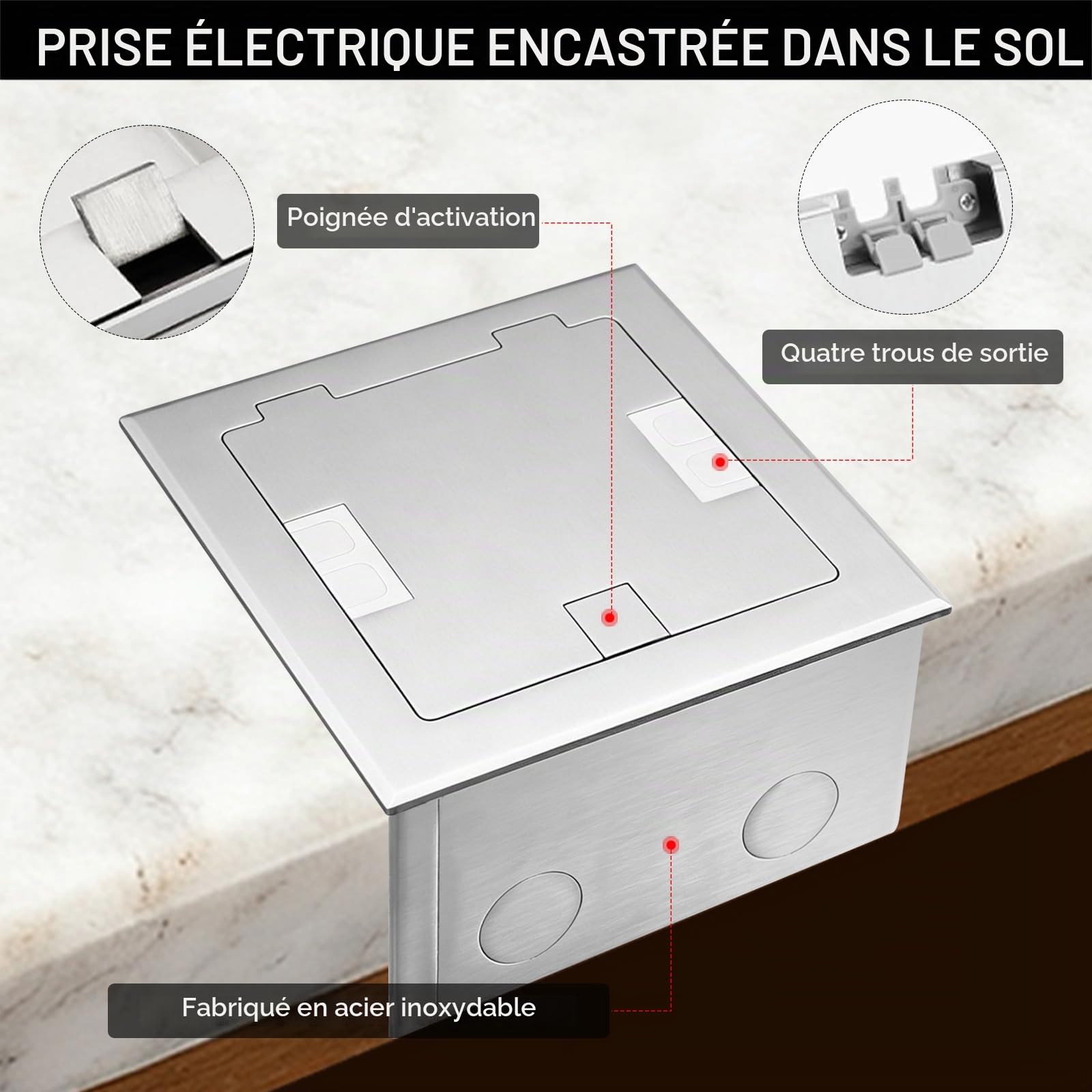 Boîte de Prise Encastrable au Sol, Prise Cachée Plate Encastrée 250V/16A avec 2 Prises EU et Connecteurs USB + Type C + CAT6, Prise de Courant Encastrée Étanche en Acier Inoxydable pour Maison, Hôtel