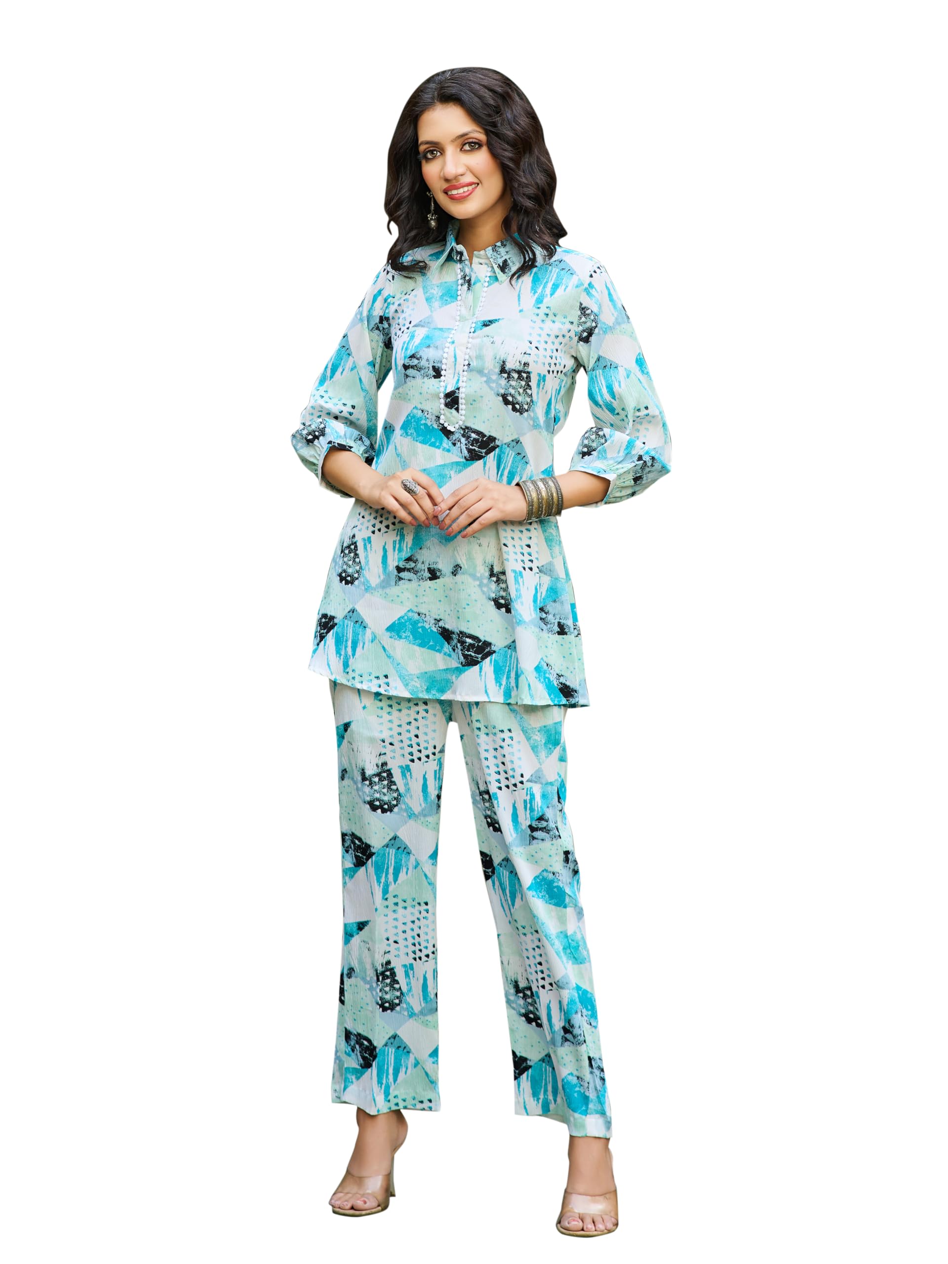 Women's Printed Silk Blend Blue Shirt Trousers Co-Ords(VC_5019CO)-image-46