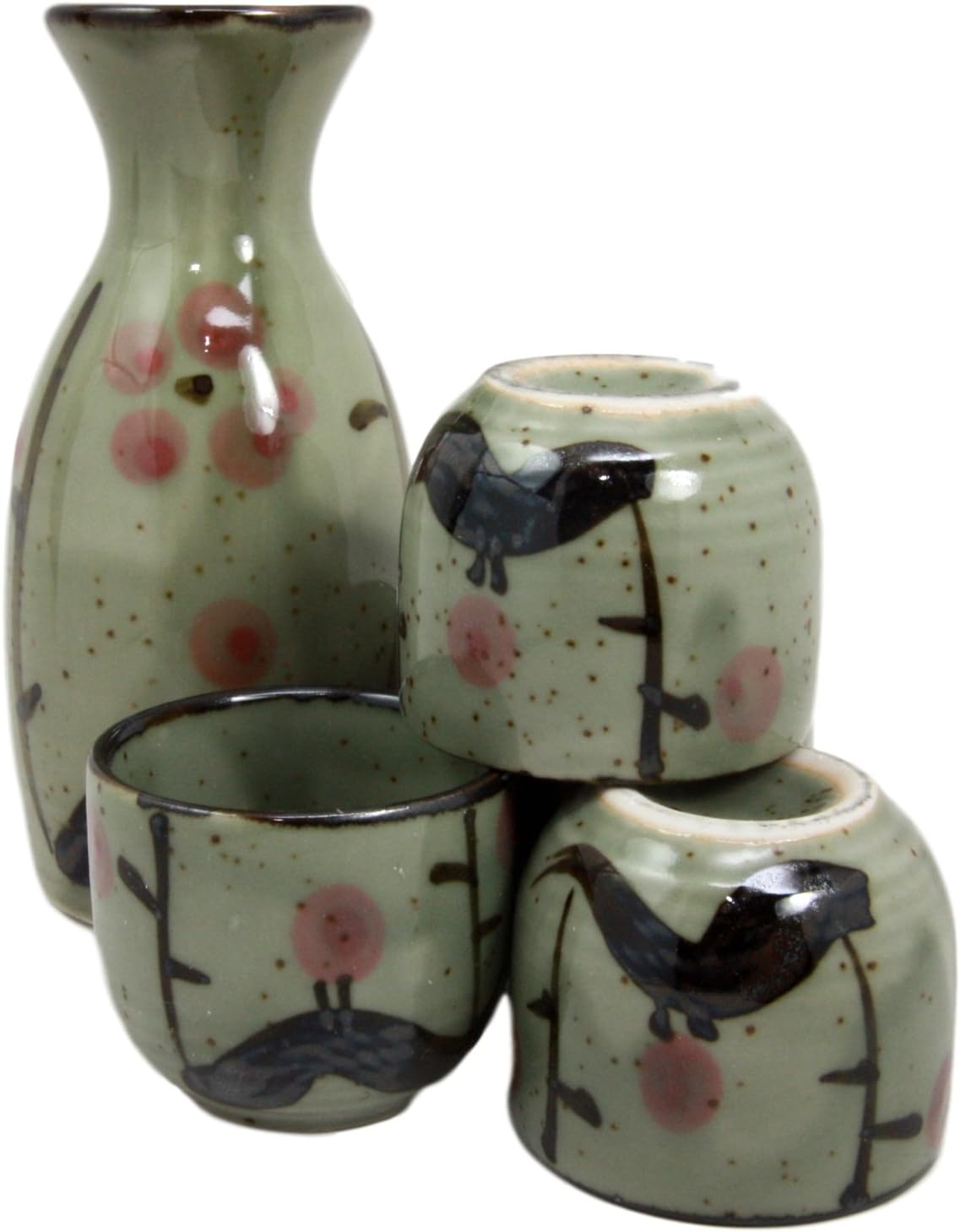 Atlantic Collectibles Japanese 5oz Ceramic Matcha Cherry Blossom Sake Set Flask With Four Cups Made In Japan