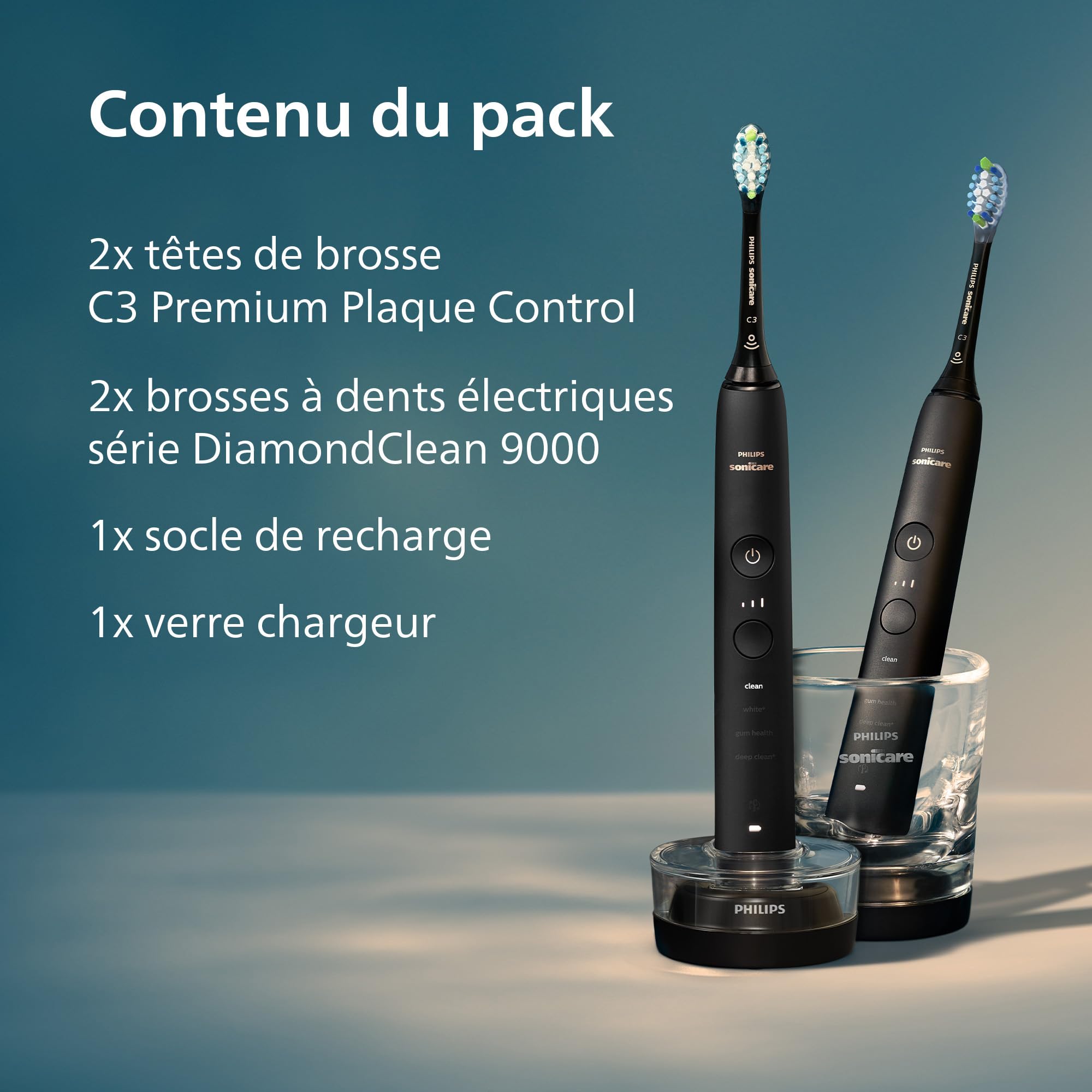Philips Sonicare DiamondClean 9000, Brosse à dents électrique sonique avec application, capteur de pression, 4 modes de brossage, 3 niveaux d'intensité, verre de charge, noir, pack de deux, HX9914/54