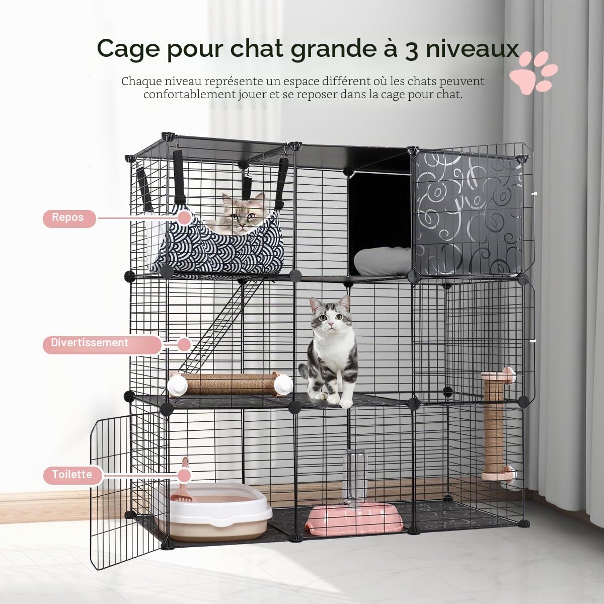 Cage pour Chats Intérieur 3 Niveaux avec Hamac, Maisonnette en Fil Métallique, Bac à Litière, Griffoirs et Escaliers pour 1-2 Chats