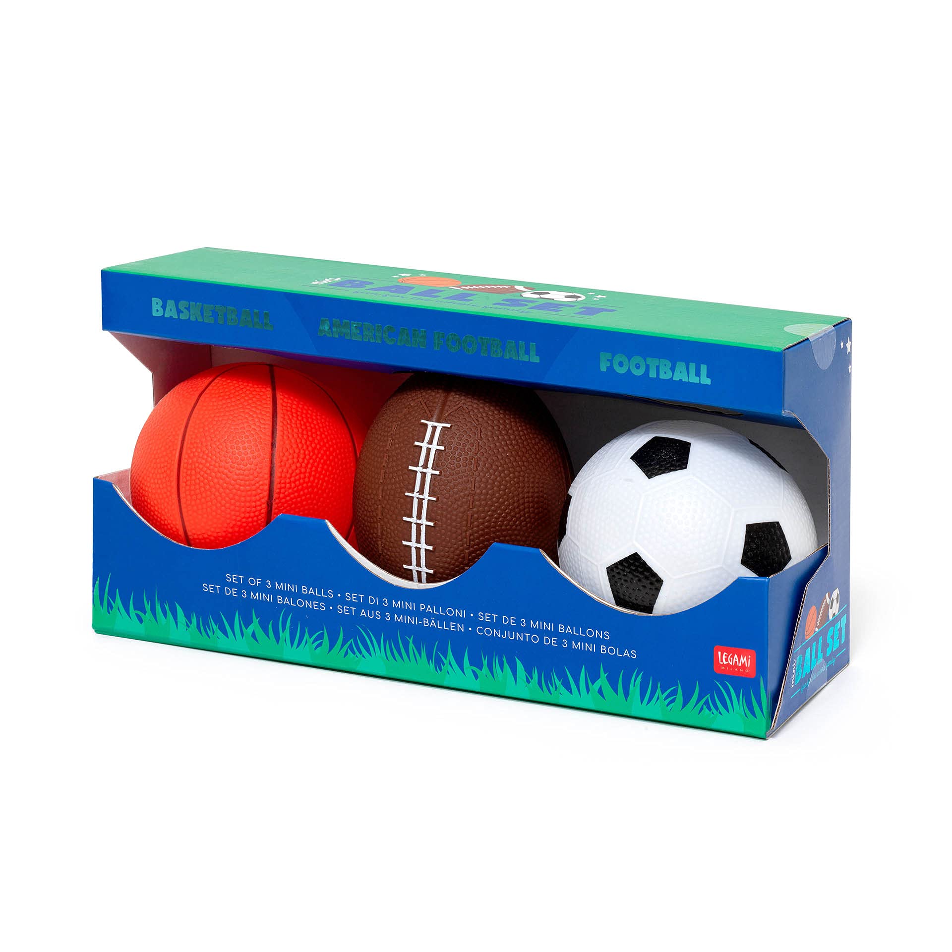 Legami - Lot de 3 Mini Ballons, Mini Ballon de Football, 12 x 3,7 cm, Ballon de Football américain et Une Balle de Basket, Tous en Miniature en Plastique